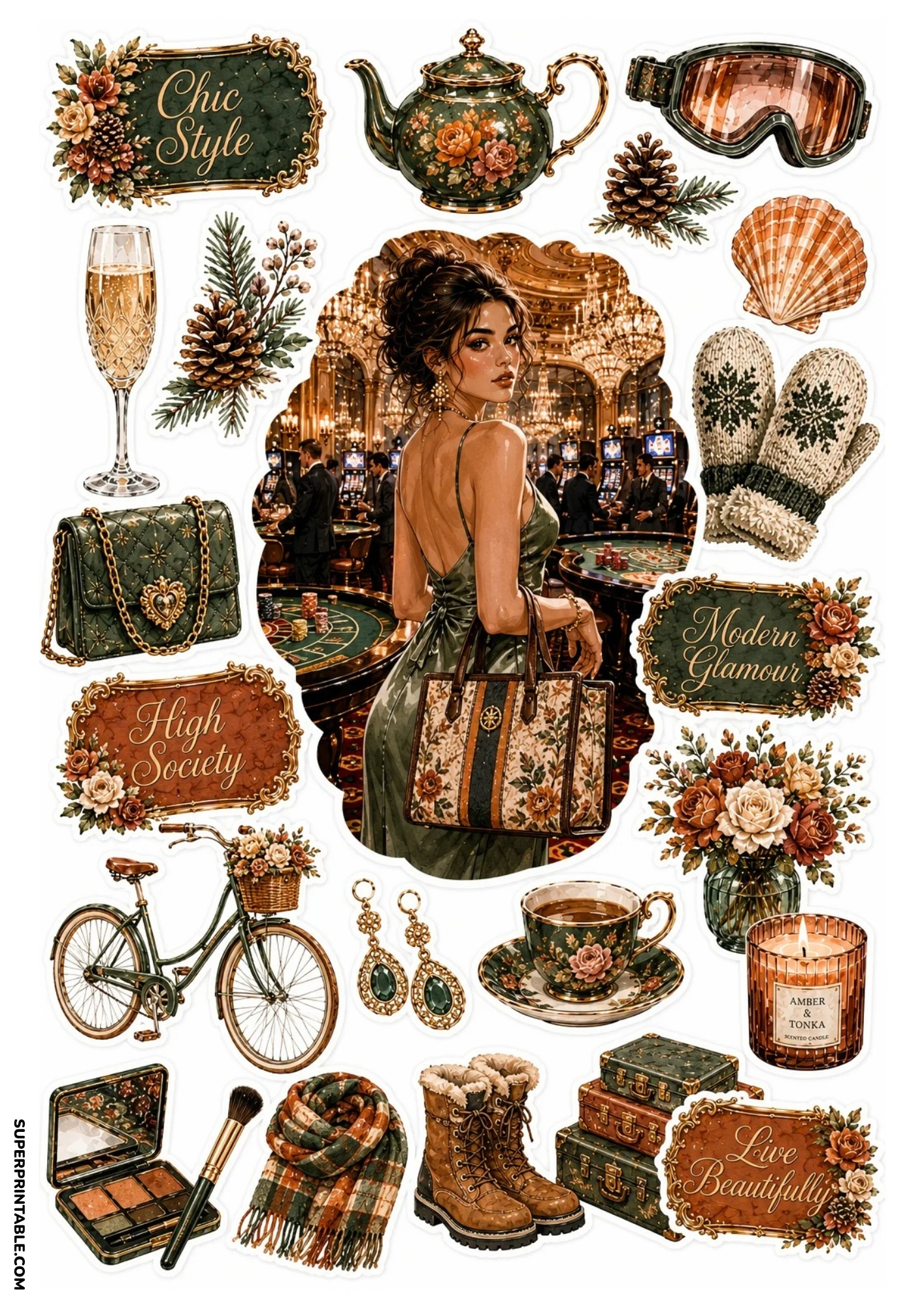 Printable sticker sheet displaying a woman in an evening gown inside a casino hall, flanked by leather boots, vintage teapots, makeup palettes, and floral vase stickers.