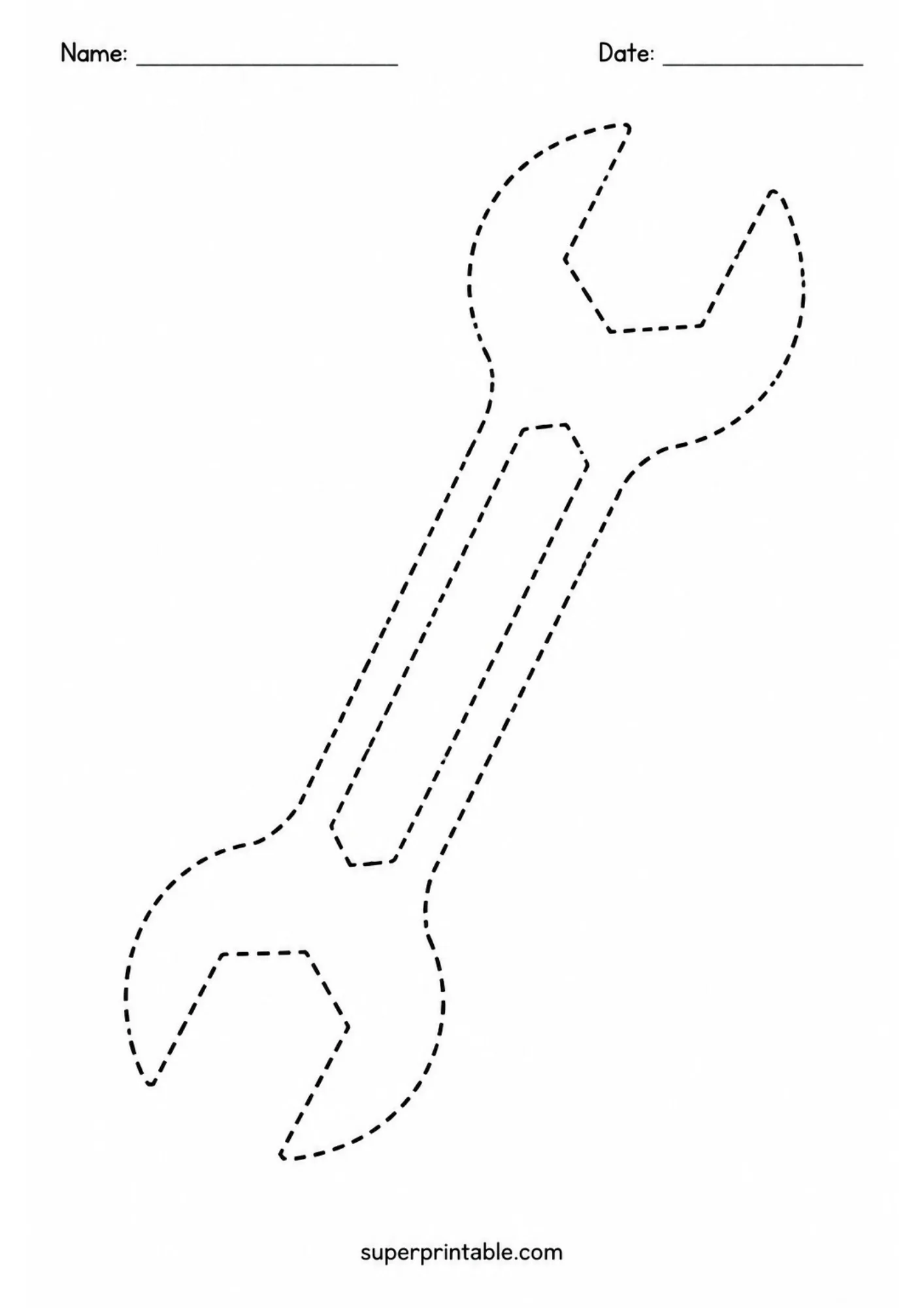 Printable line tracing activity worksheet depicting an open-ended mechanic wrench outline.