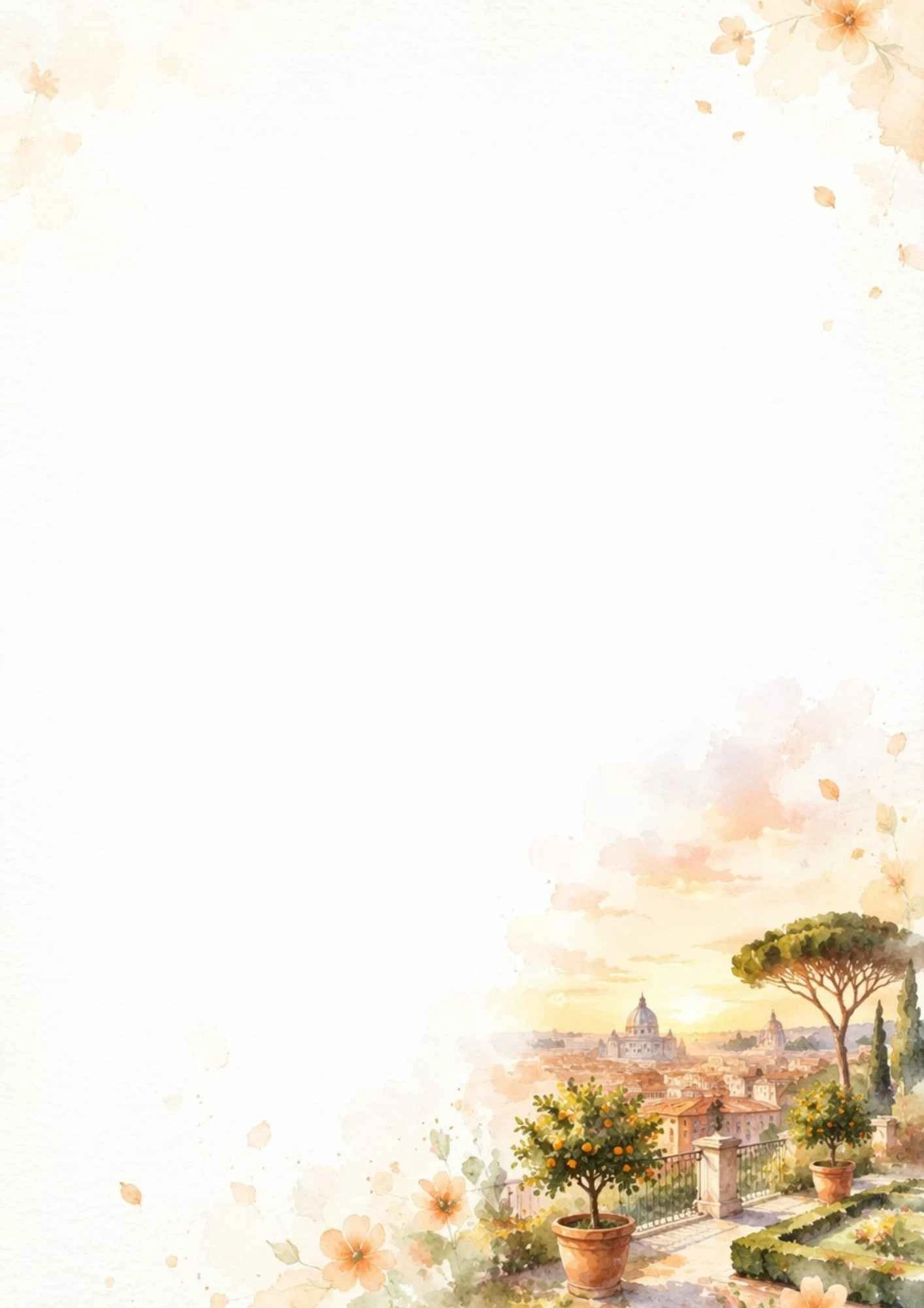 A watercolor painting of a sunset view over Rome from the Orange Garden, featuring orange trees and St. Peter's dome.