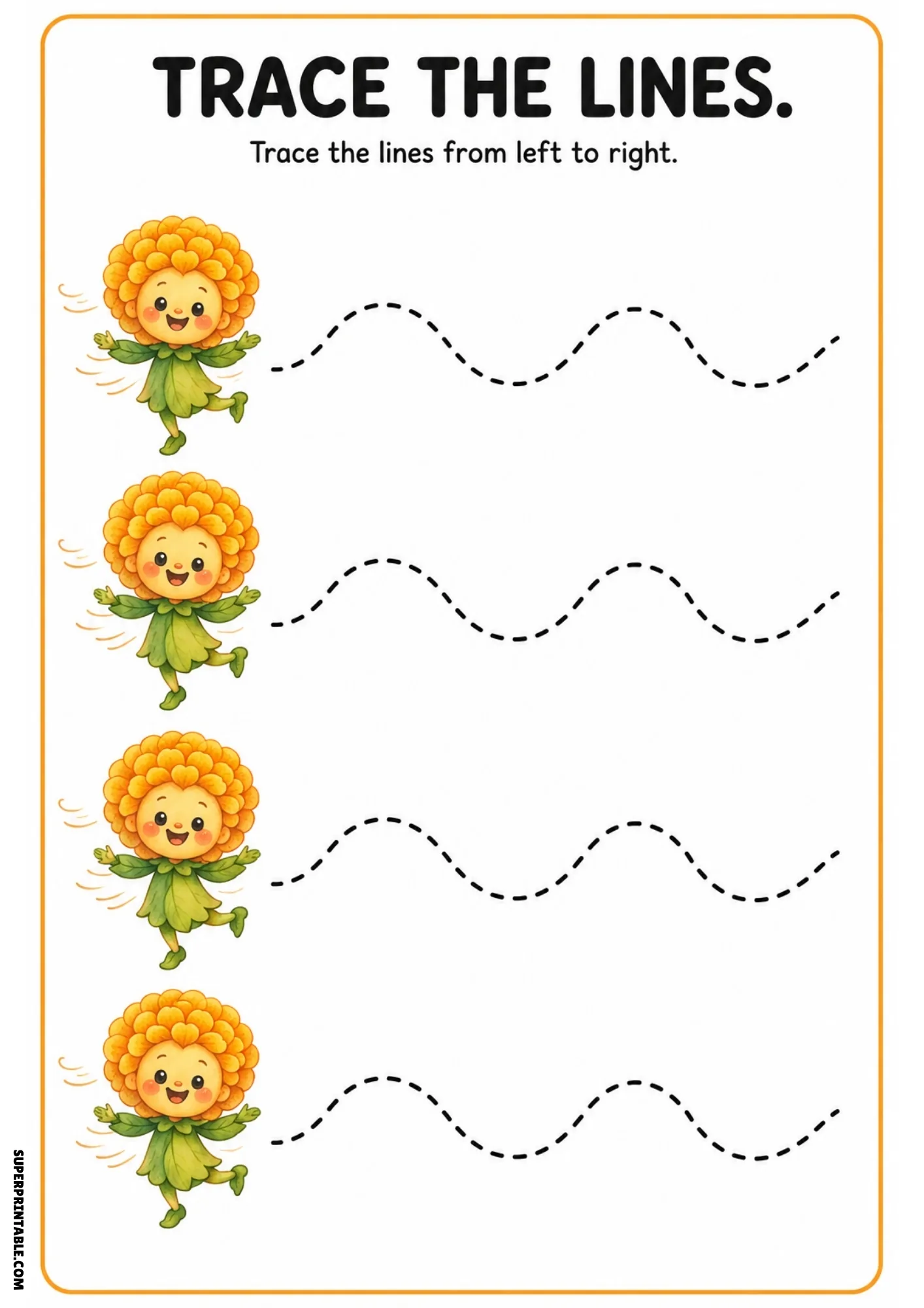 Color tracing sheet featuring four dancing orange marigold fairies alongside soft dashed wave tracing lines.