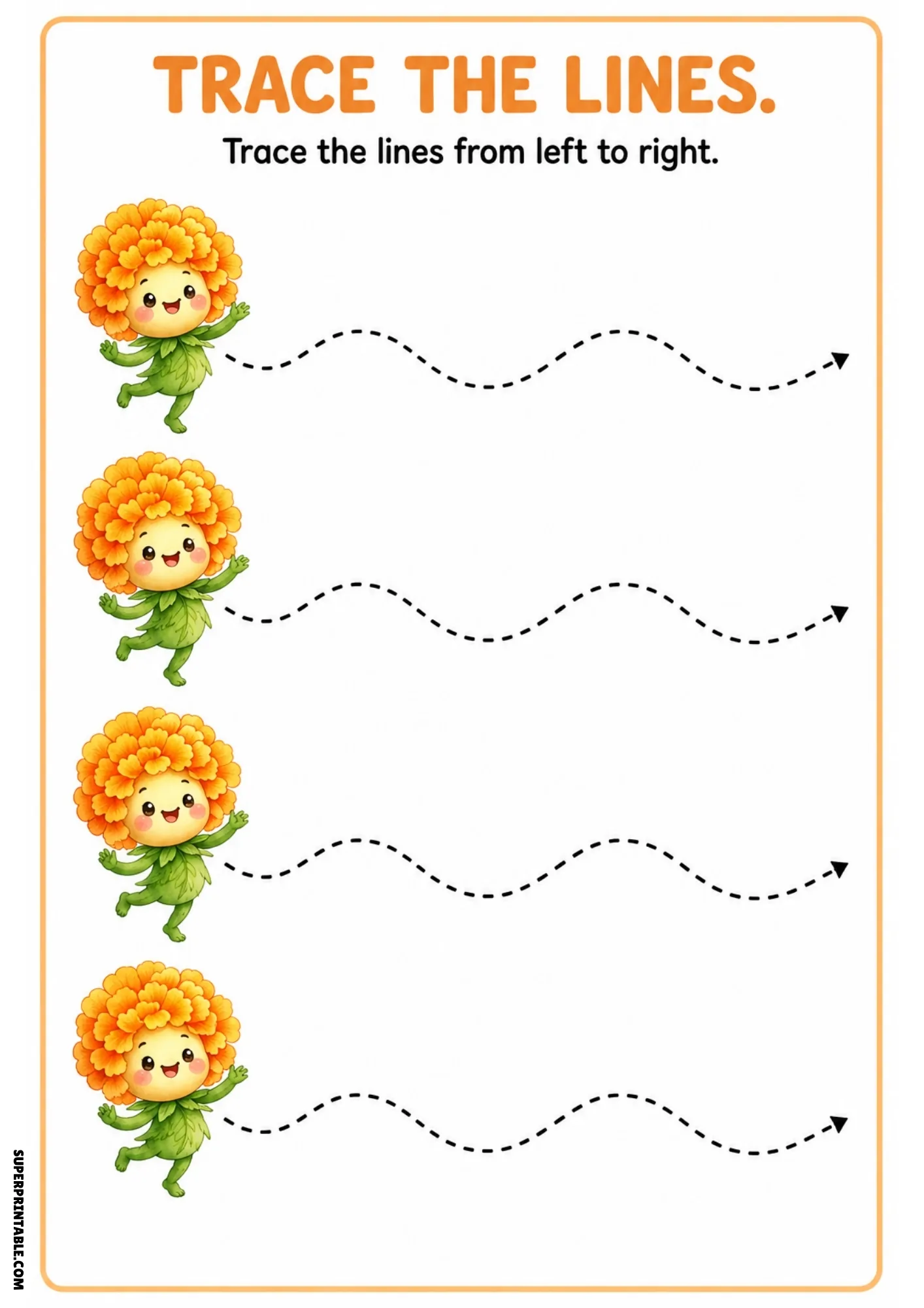Color tracing page with four dancing orange marigold flower fairies and dashed arrow-ended wavy line paths.