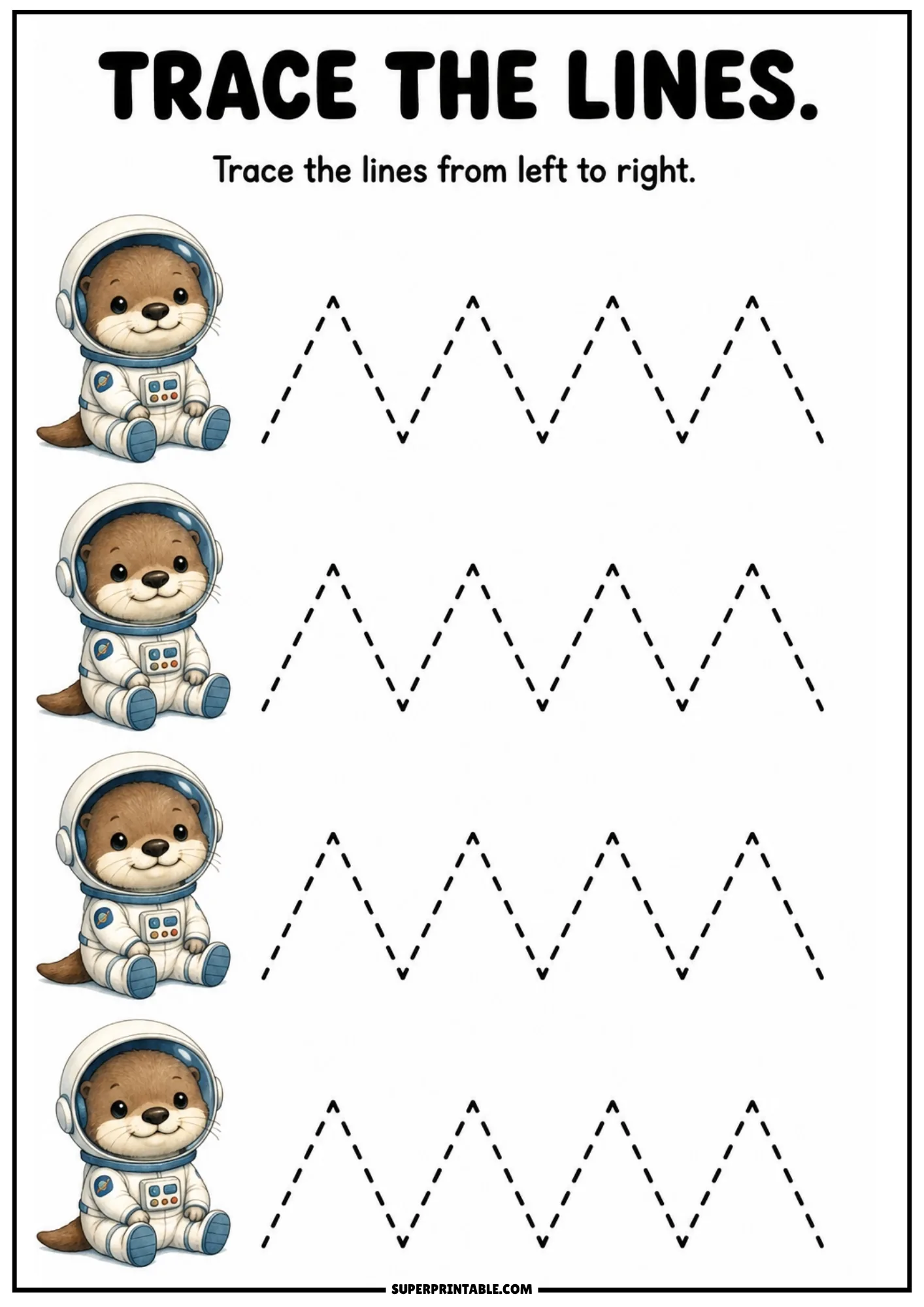 Color line tracing sheet depicting cute otter astronauts sitting next to sharp mountain peak dashed paths.