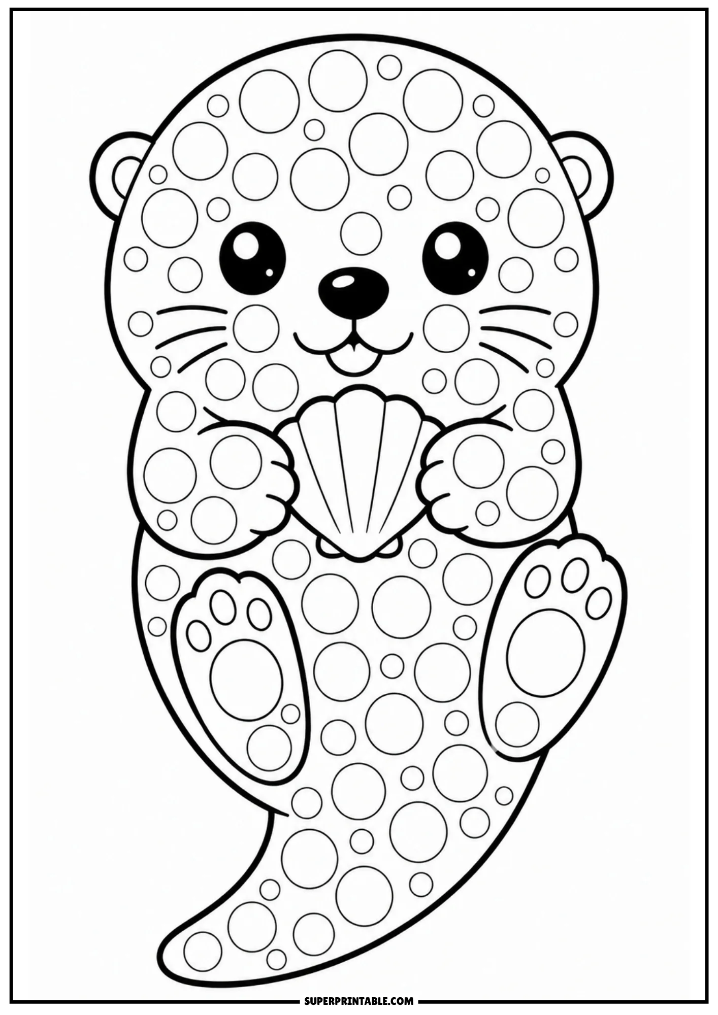 A cute cartoon sea otter floating on its back and holding a seashell, covered in circular dot markers.