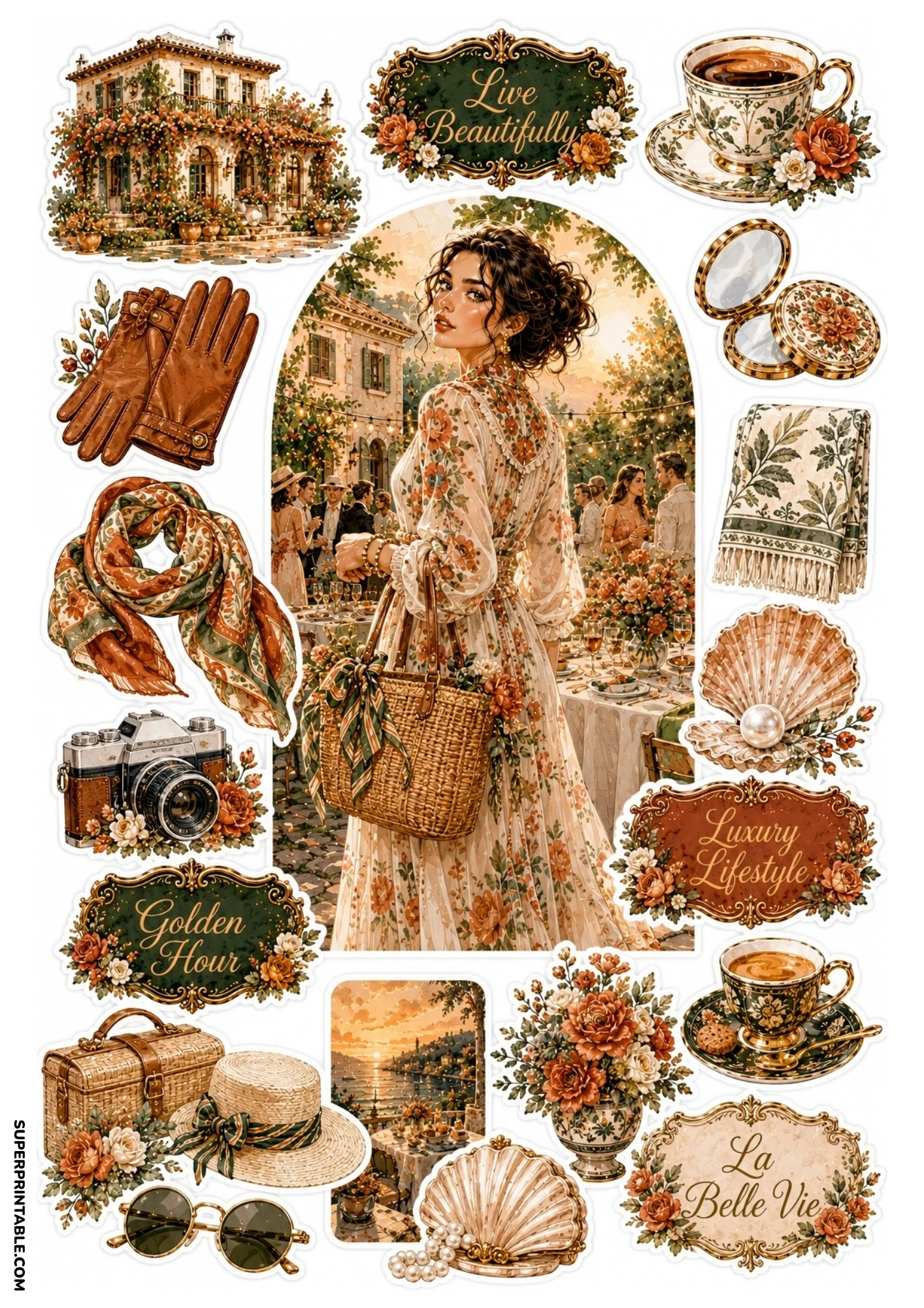 Printable sticker layout with a woman carrying a straw basket bag at an outdoor dinner party, picnic basket, brown gloves, vintage camera, and shell purse.