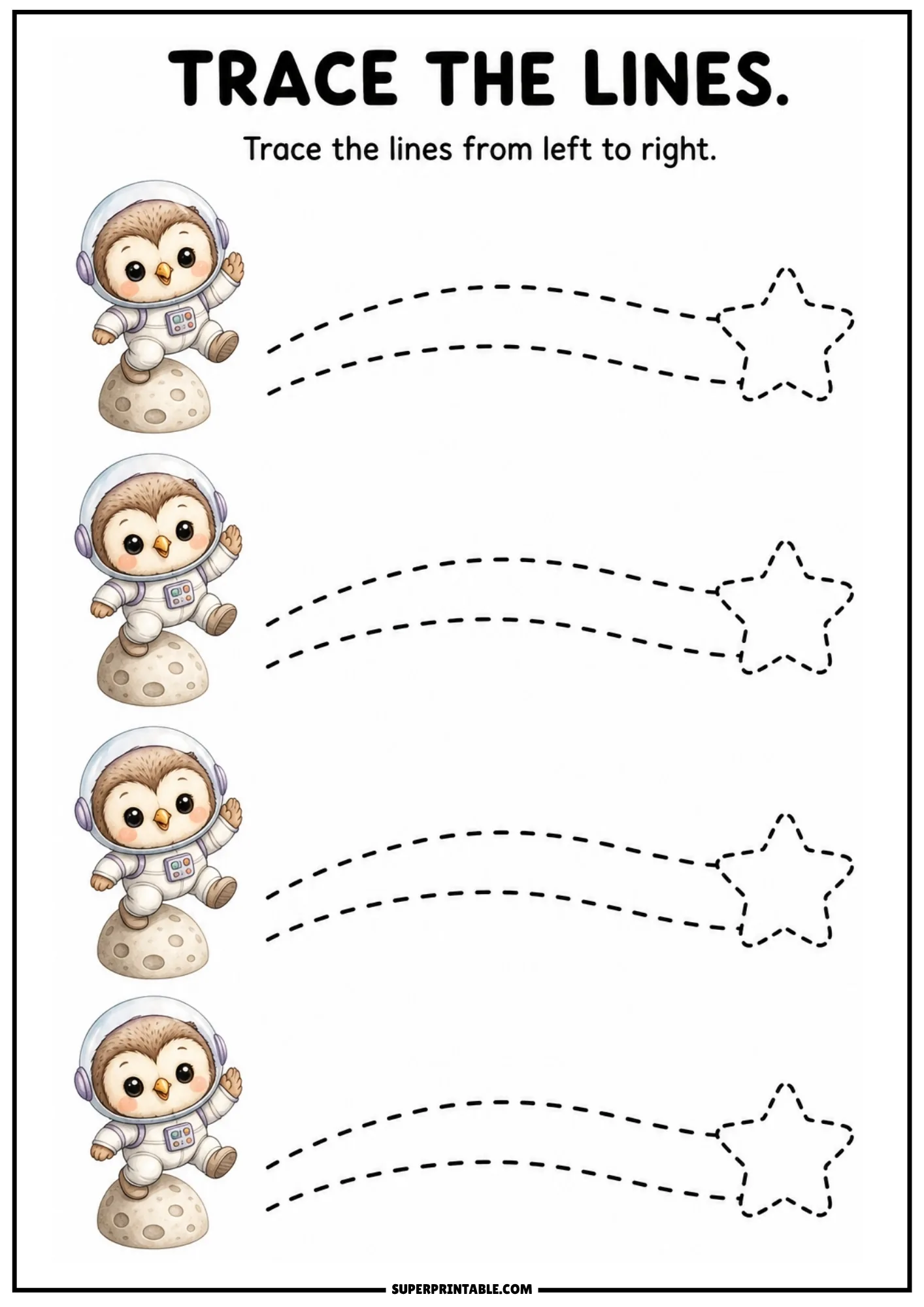 Line tracing sheet with owl astronauts on moons and parallel curved dashed lines leading to stars.
