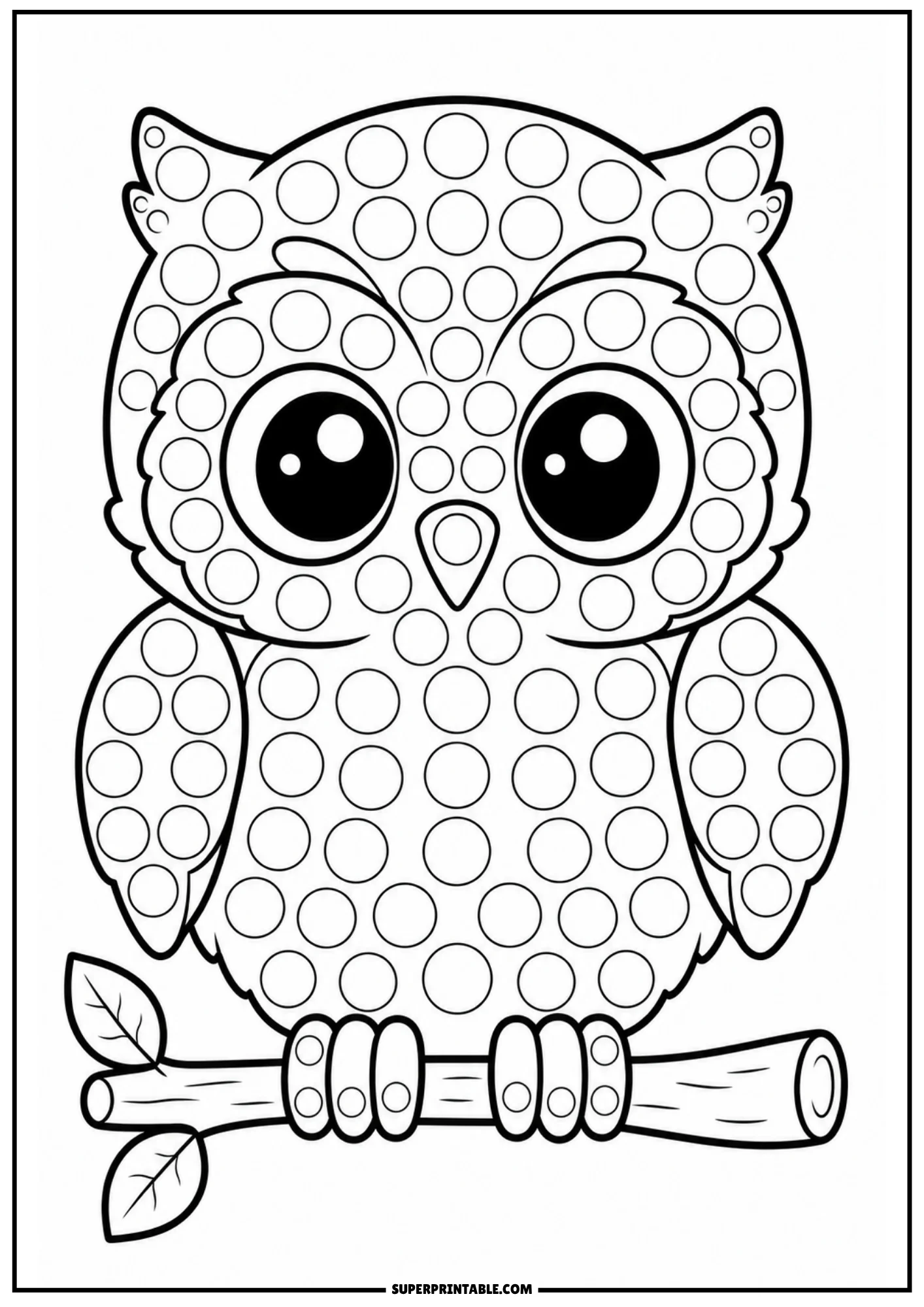 A cute cartoon owl perched on a tree branch, covered in circular dot markers.