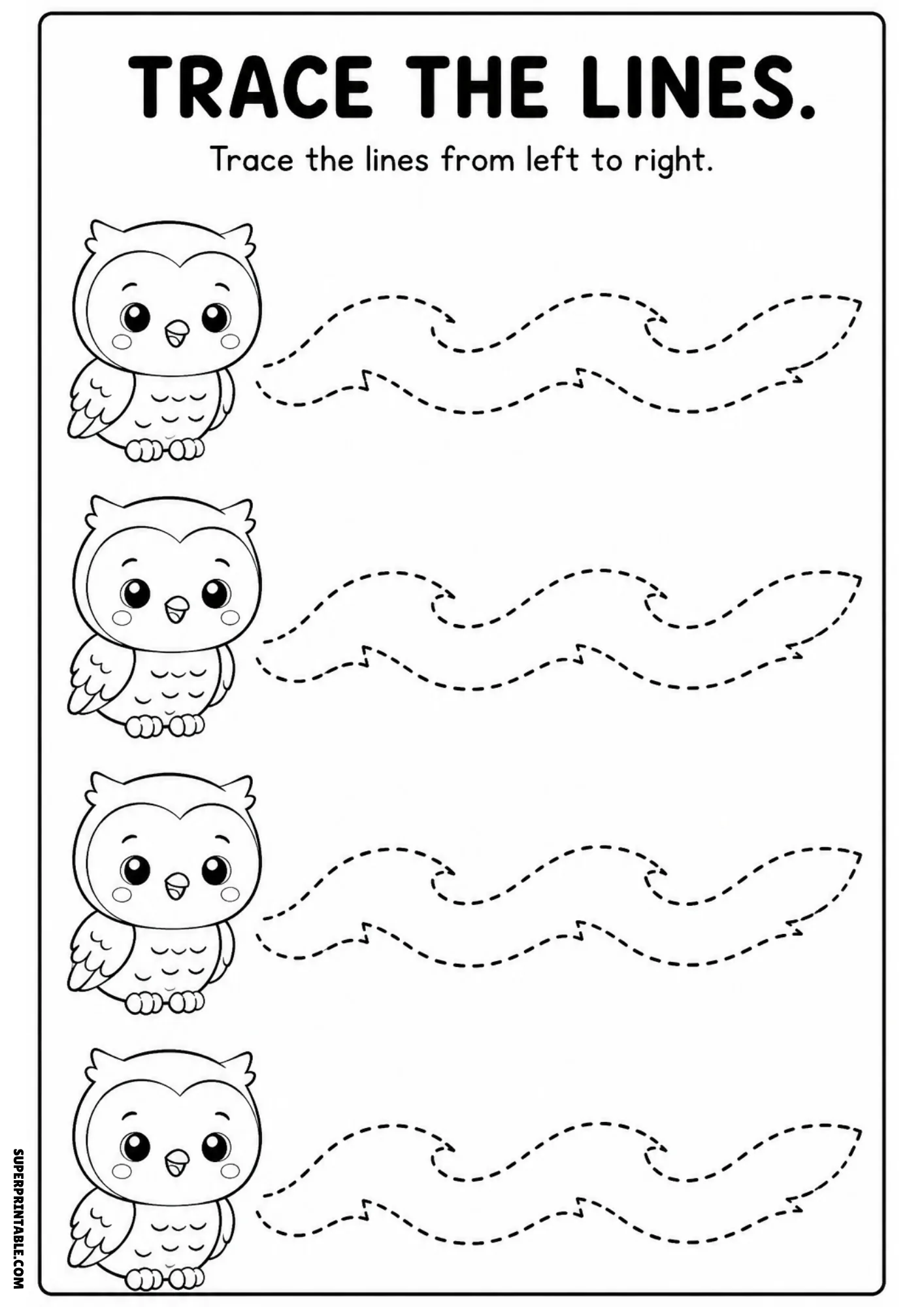 Line tracing worksheet featuring four cute black and white cartoon owls with wavy dashed paths to trace from left to right.