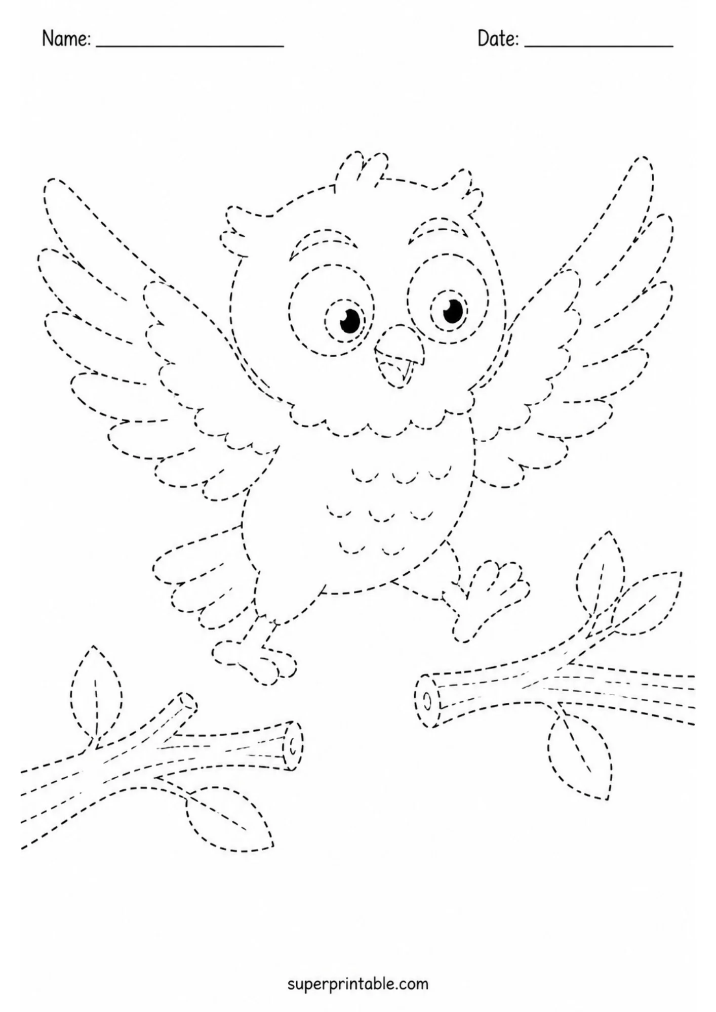Line tracing activity page showing an owl flying mid-air with wings wide open above leafy branches, outlined in black dashed lines.
