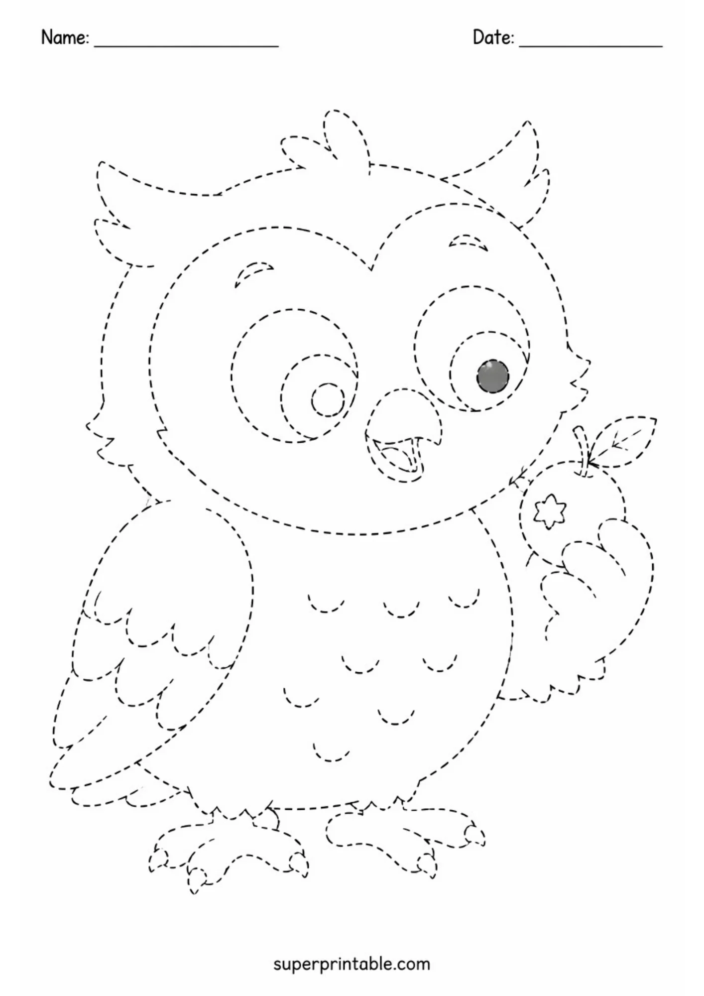 Line tracing printable showing a curious owl holding a small leafy apple in its wing, outlined with black dashed lines and top header fields.