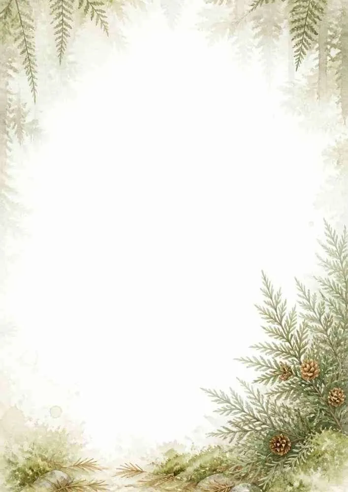 A serene forest-themed writing page featuring green fern fronds, mossy stones, pinecones, and cedar branches in a soft green watercolor wash.