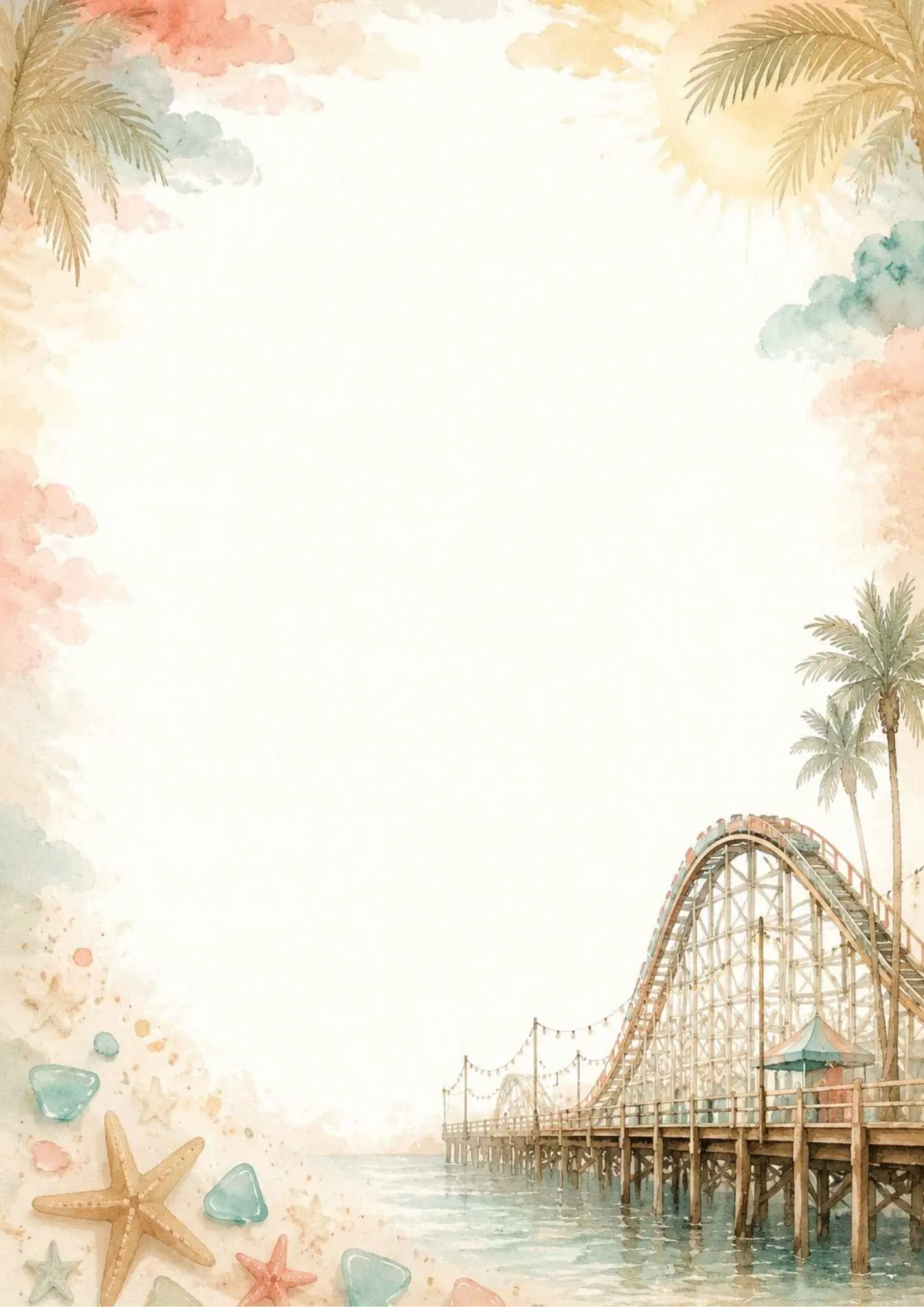 A colorful writing page showing the roller coaster at Pacific Park on the Santa Monica Pier with ocean waves.