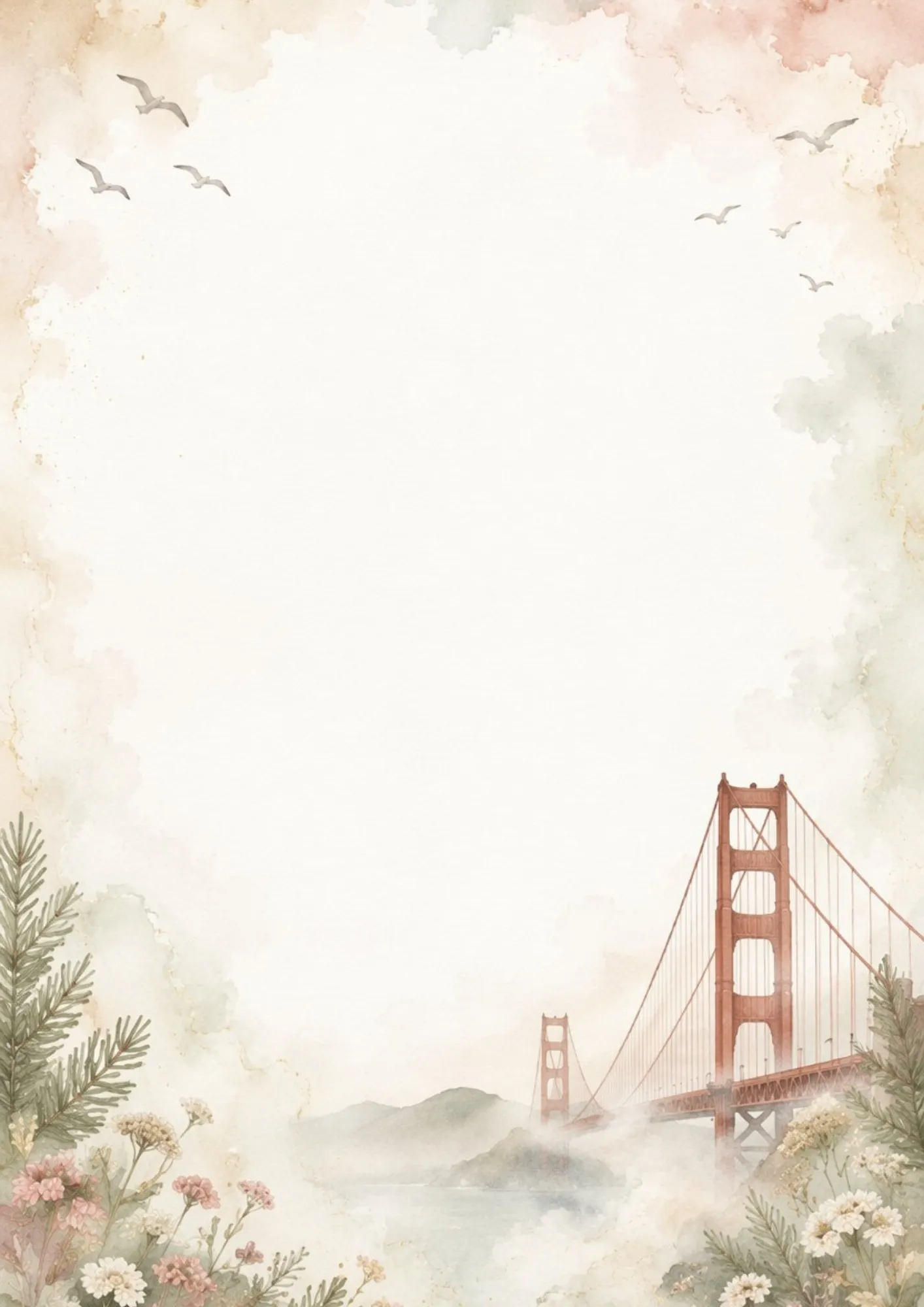 An elegant writing page showing the Palace of Fine Arts rotunda and lagoon with swans in soft watercolor.