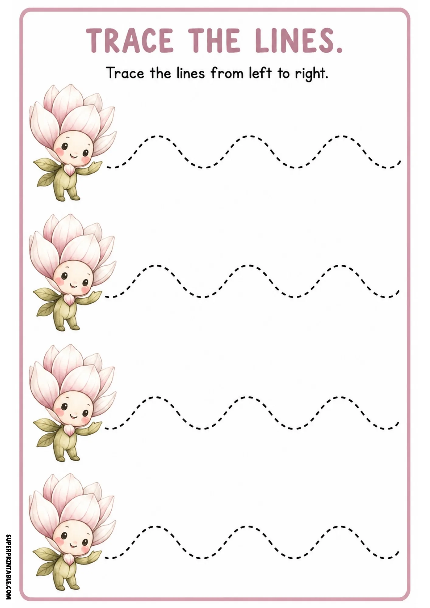 Color tracing sheet featuring four pale pink magnolia fairies on leaf feet next to dashed gentle wave tracing lines.