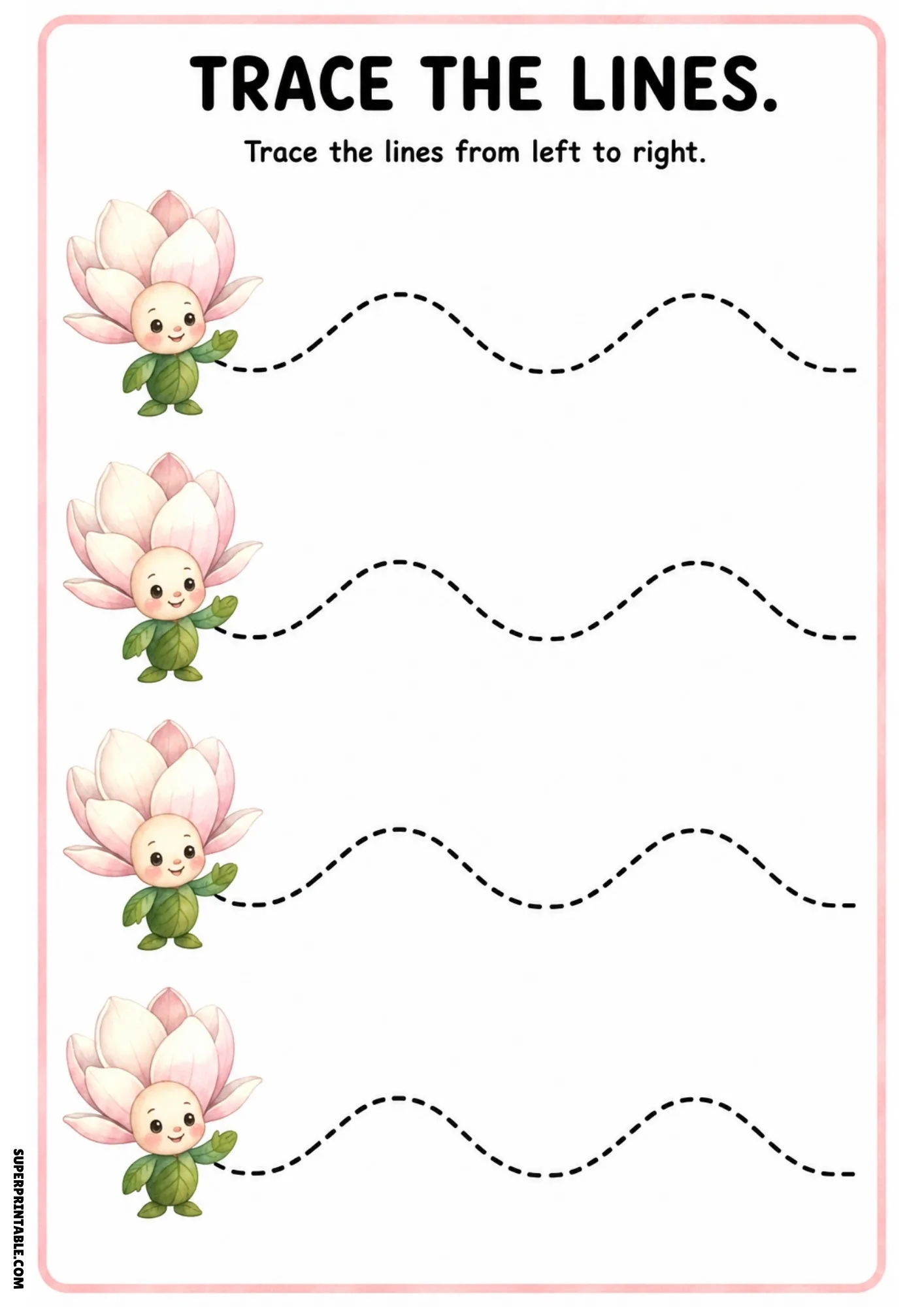 Color tracing page featuring four pale pink magnolia fairies on leaf feet with dashed gentle wavy tracing lines.