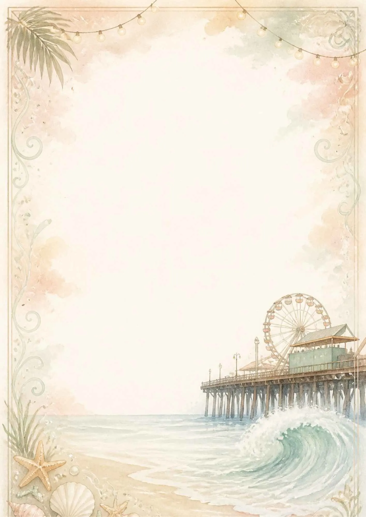 A serene writing page featuring Palisades Park cliffs with palm trees, rose gardens, and ocean overlook.