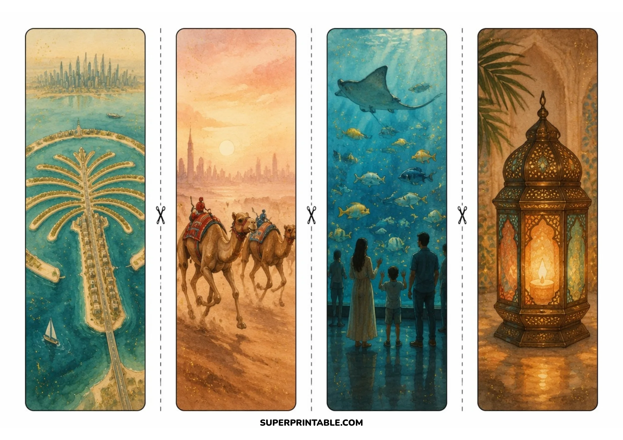 Printable bookmark page showing aerial view of Palm Jumeirah island, desert camel racing, family observing a manta ray in Dubai Aquarium, and a glowing Arabic lantern.