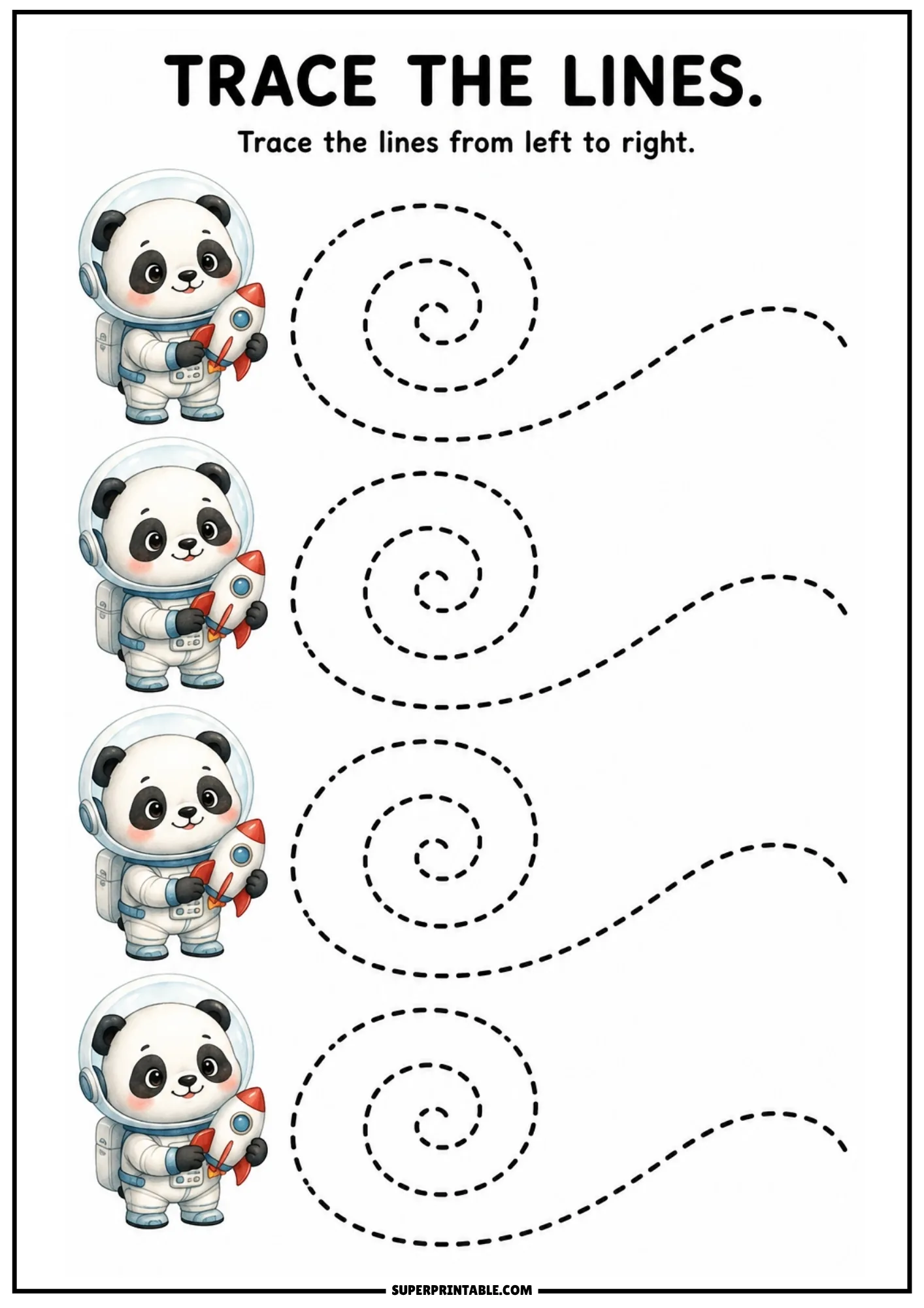 Worksheet with colored panda astronauts holding rockets next to dashed spiral tracing patterns.