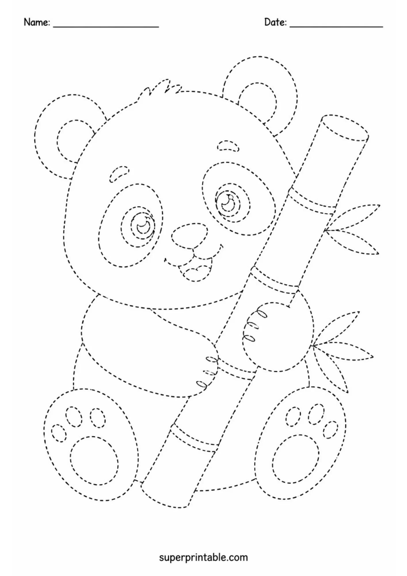 Dotted outline tracing page of a smiling panda cub sitting and holding a tall bamboo stalk with leaves on a white background.