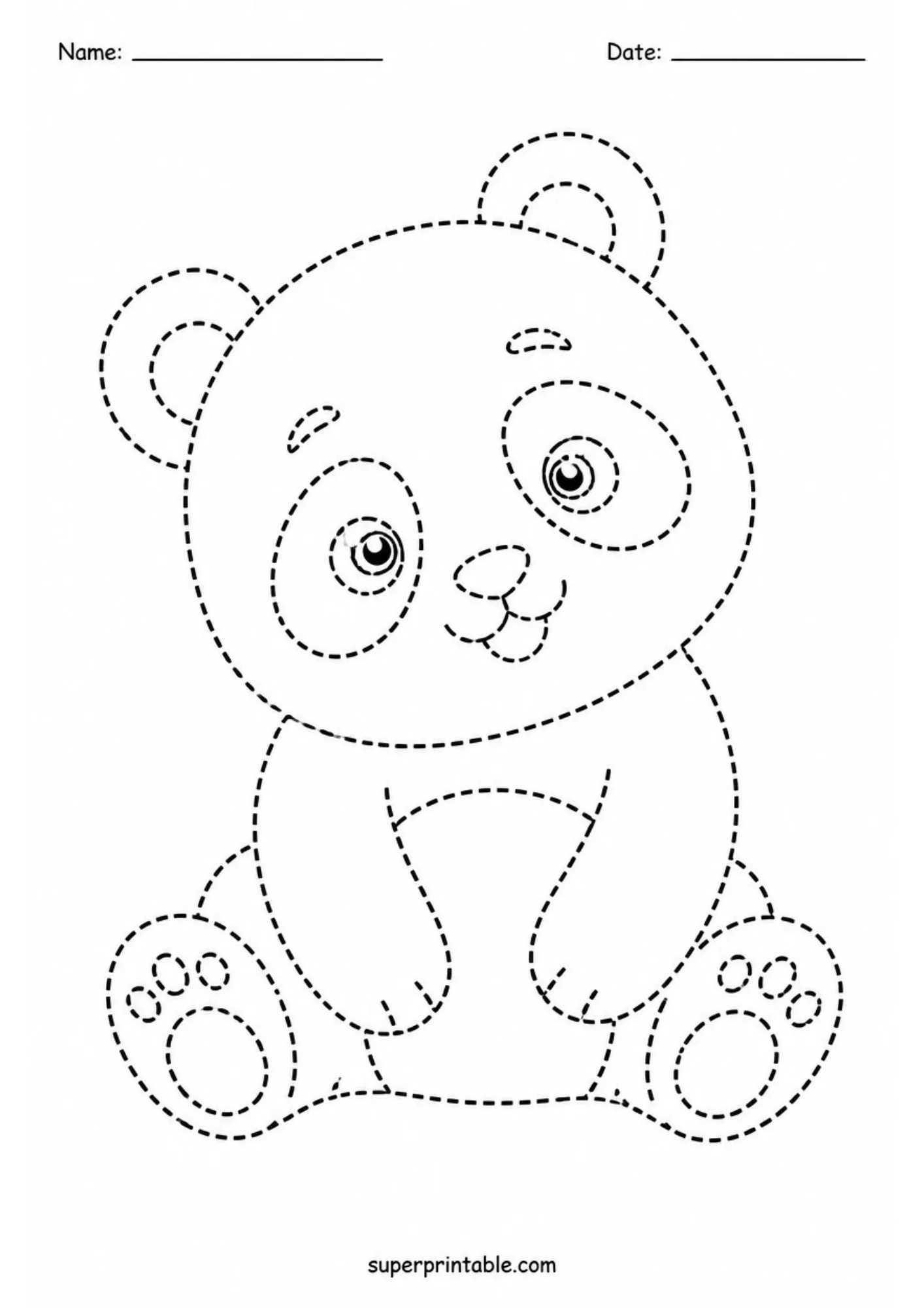 Dotted outline line art tracing worksheet of a sitting panda cub head-tilted with Name and Date header lines.