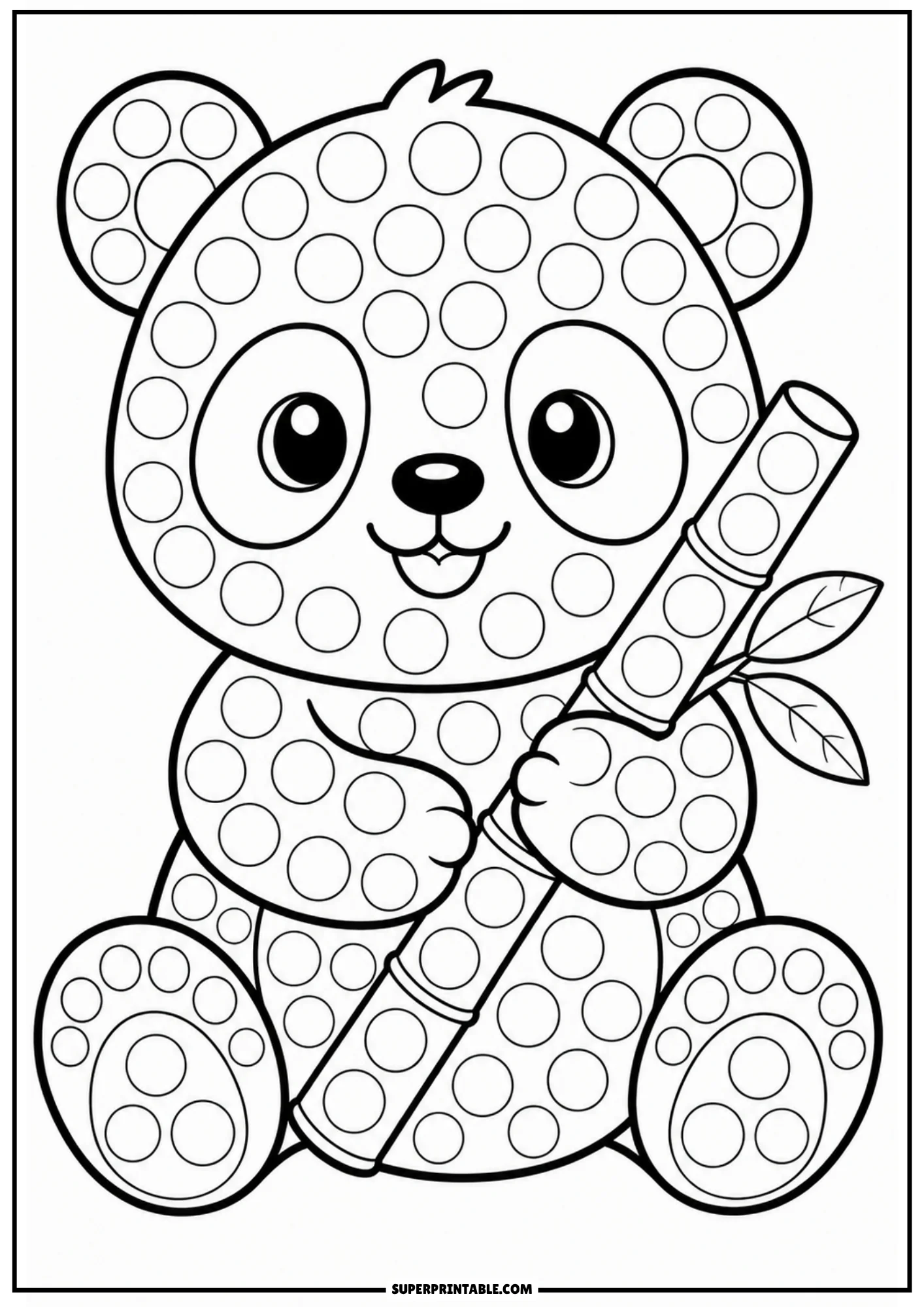 A cute cartoon panda sitting down and holding a bamboo shoot, covered in circular dot markers.