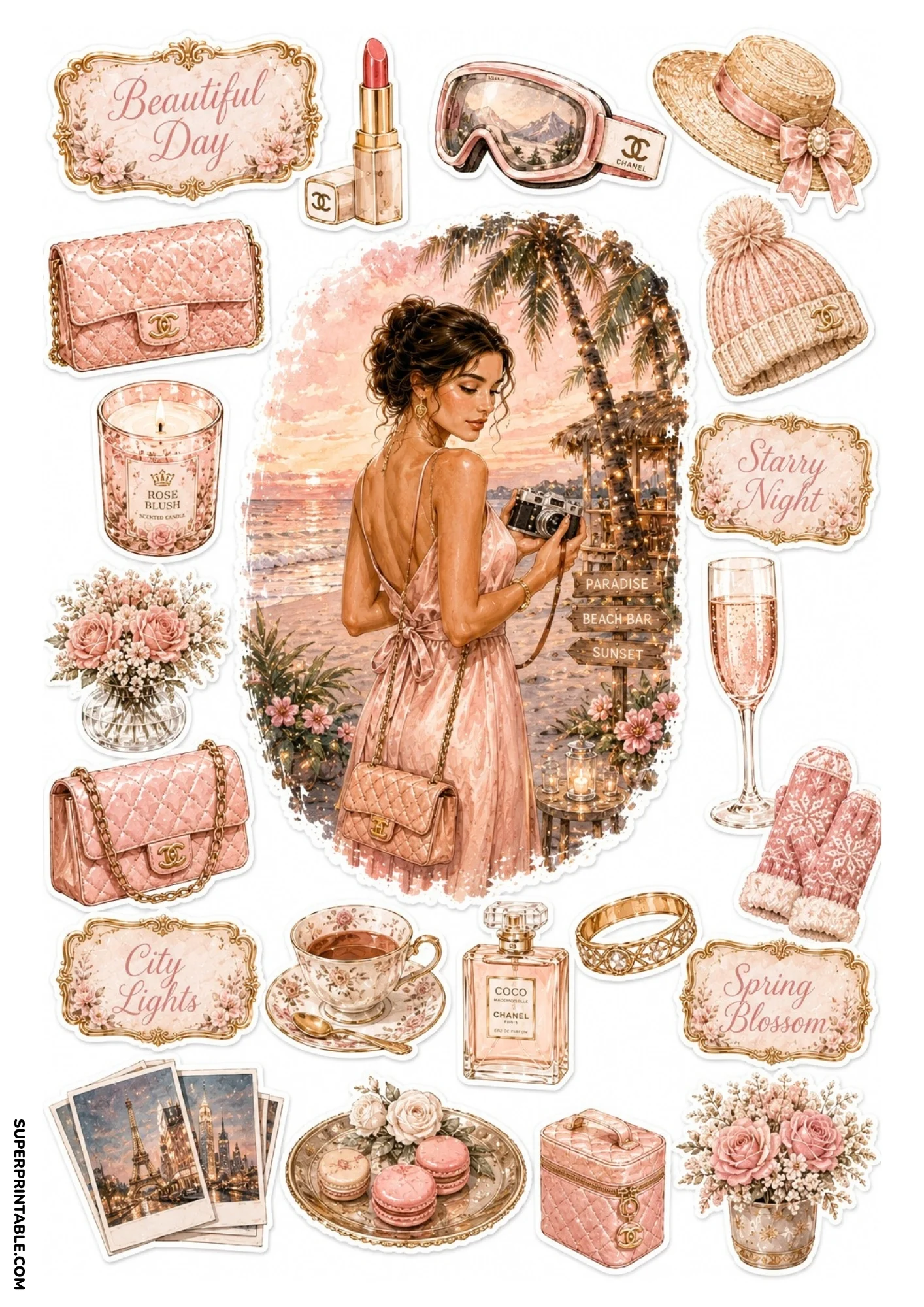 Printable sticker sheet featuring a woman with a camera on a tropical beach at sunset, with pink Chanel perfume, ski goggles, and polaroid photos.