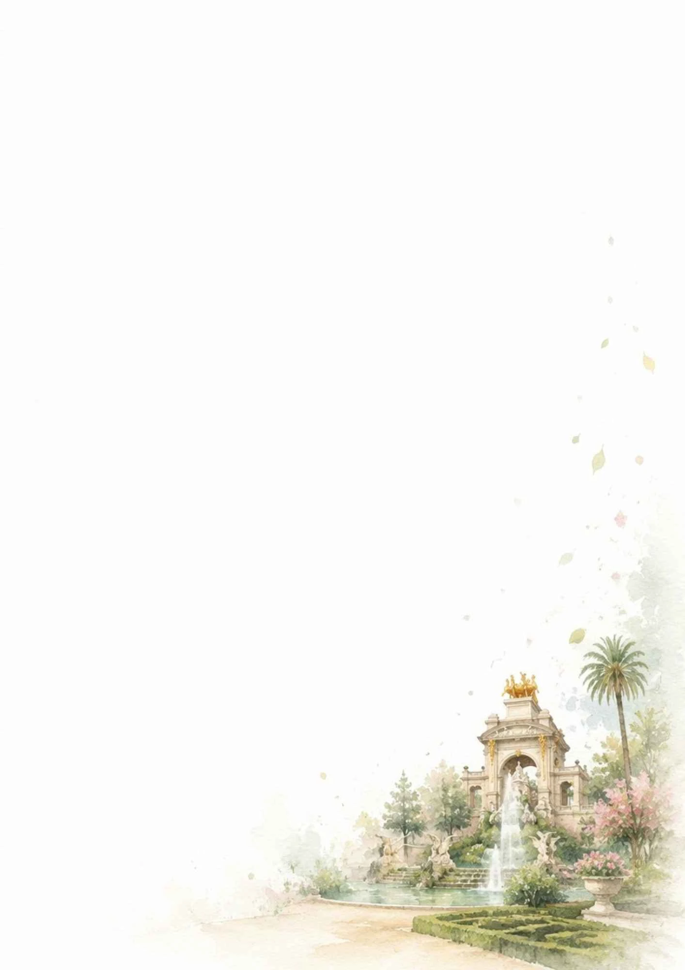 A watercolor painting of the Cascada Monumental fountain in Parc de la Ciutadella with a golden chariot statue and palm trees.