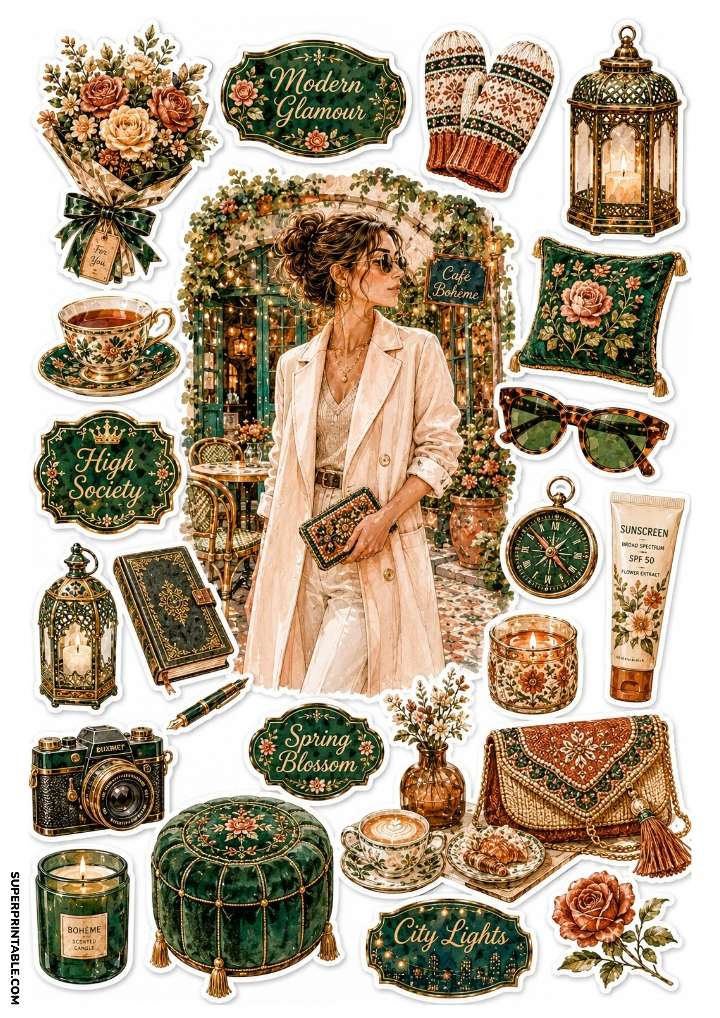 Printable sticker sheet depicting a woman outside a Paris café surrounded by cozy vintage stickers.