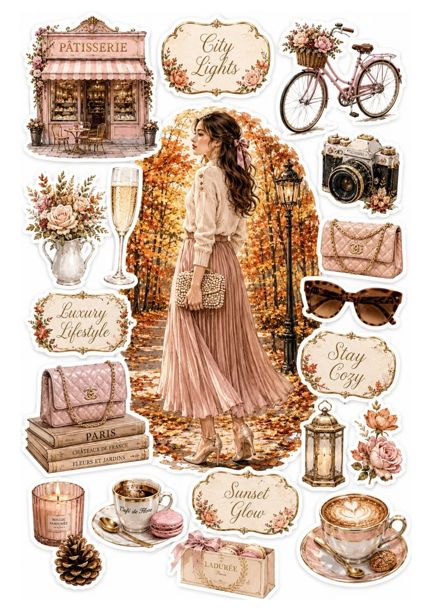 Sticker sheet depicting a woman in an autumn park flanked by dusty pink Parisian cafes, coffee, Ladurée macarons, and fall foliage.