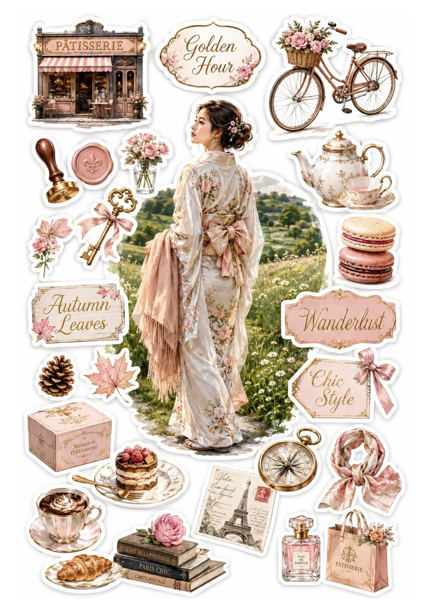 Sticker sheet with a woman at a snowy cabin surrounded by blush pink winter gear, marshmallows, macarons, boots, and book stacks.