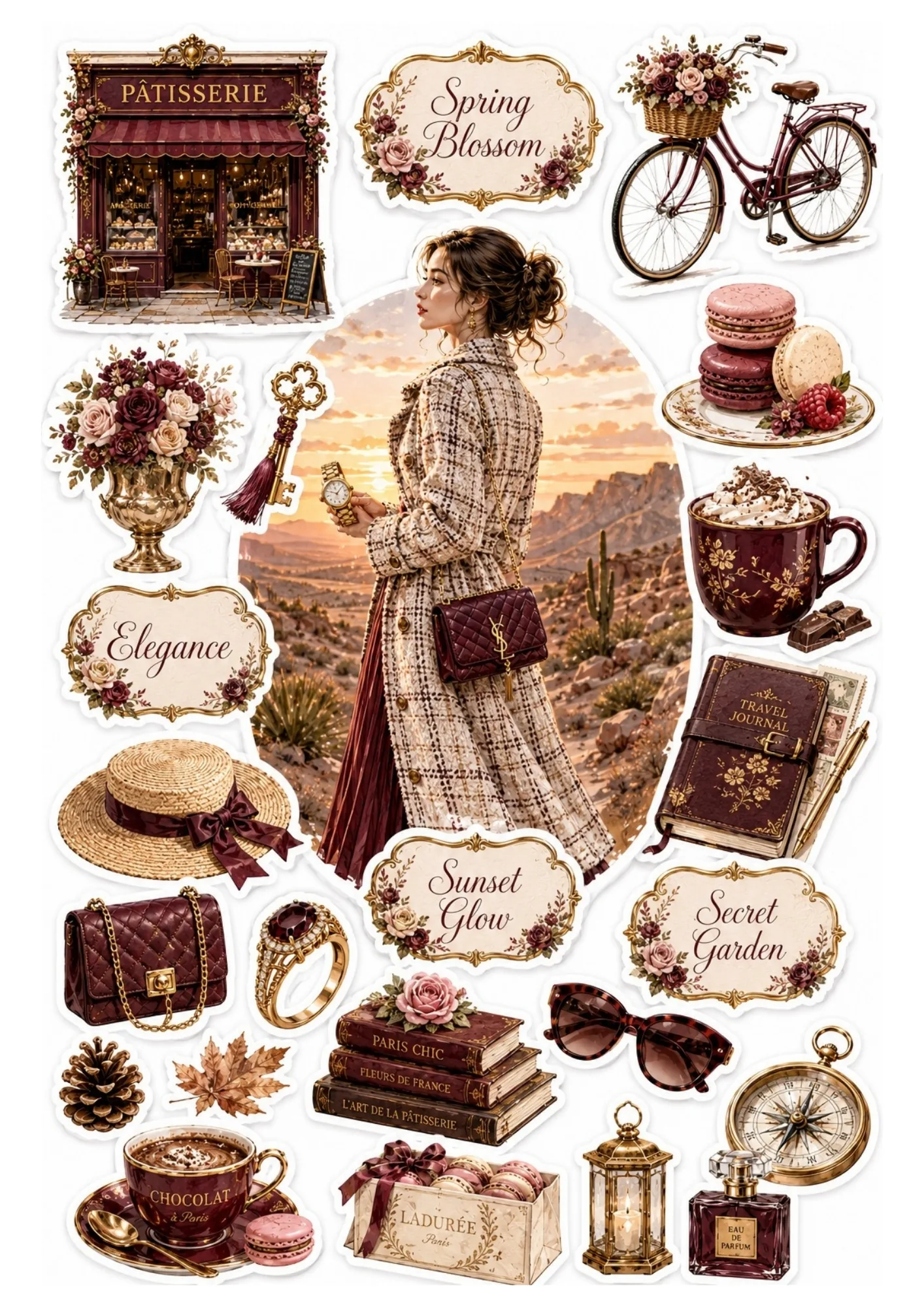 Sticker sheet with a woman in a plaid trench coat surrounded by chocolate brown Parisian bakery, travel journal, hot cocoa, and autumn elements.