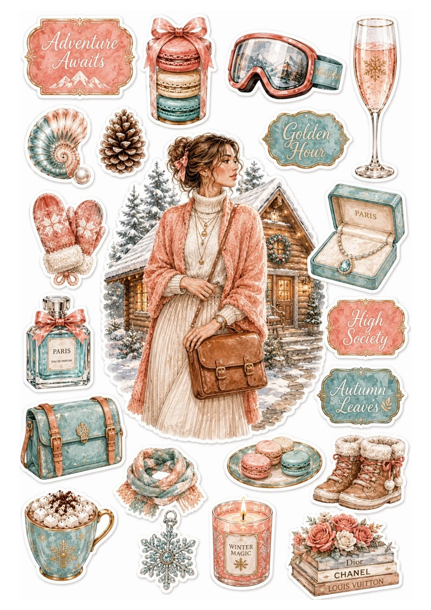 Sticker sheet showing a woman at a winter chalet with teal and coral accessories, hot cocoa, ski goggles, and snowflake decor.
