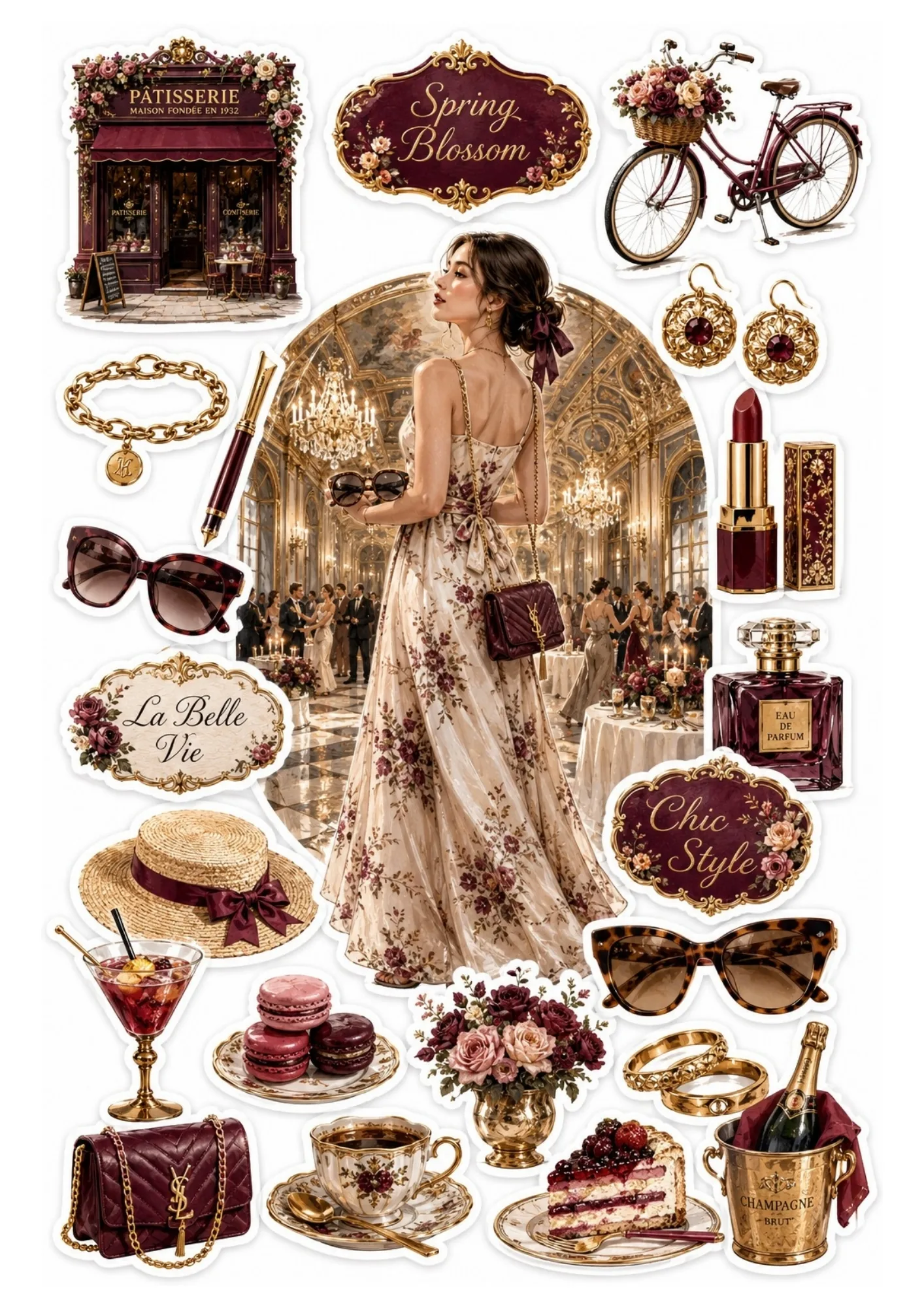 Sticker sheet with a woman in a ballroom surrounded by burgundy Parisian decor, champagne, berry cake, and gold accessories.