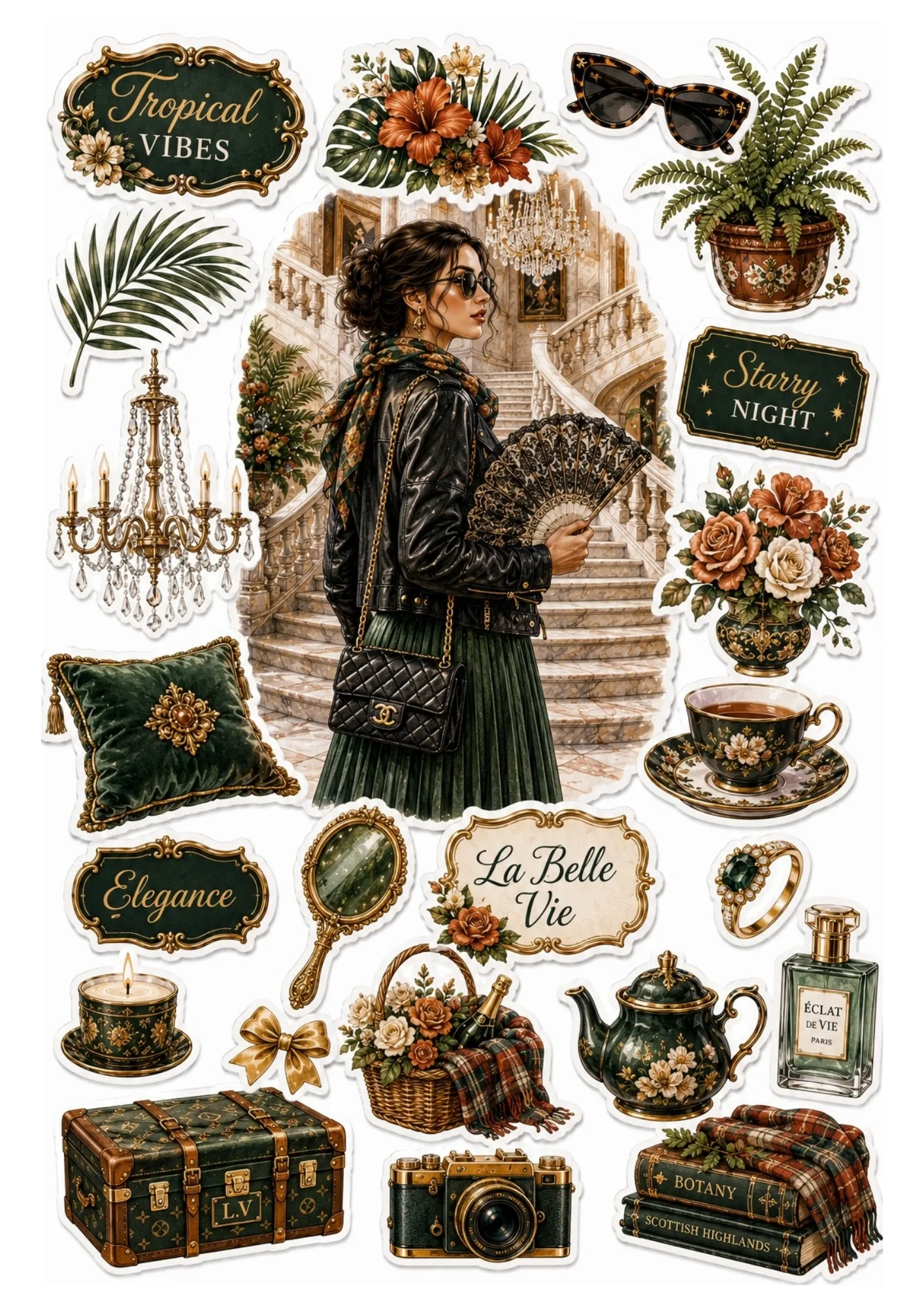 Sticker sheet showing a woman in a leather jacket on a grand staircase surrounded by deep green luxury decor, books, tea set, and gold-trimmed badges.