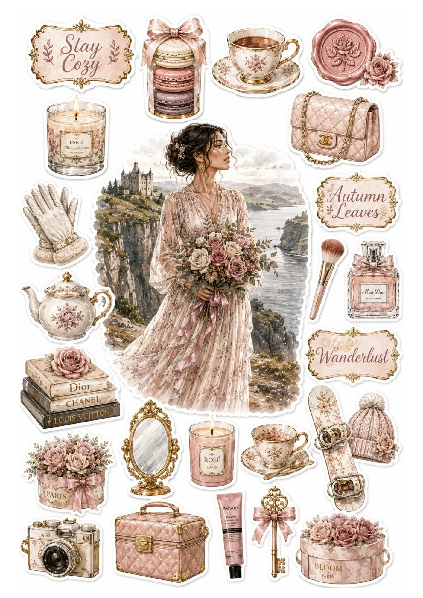 Sticker sheet depicting a woman on a coastal cliff path flanked by dusty rose Parisian beauty products, books, teapots, and flowers.
