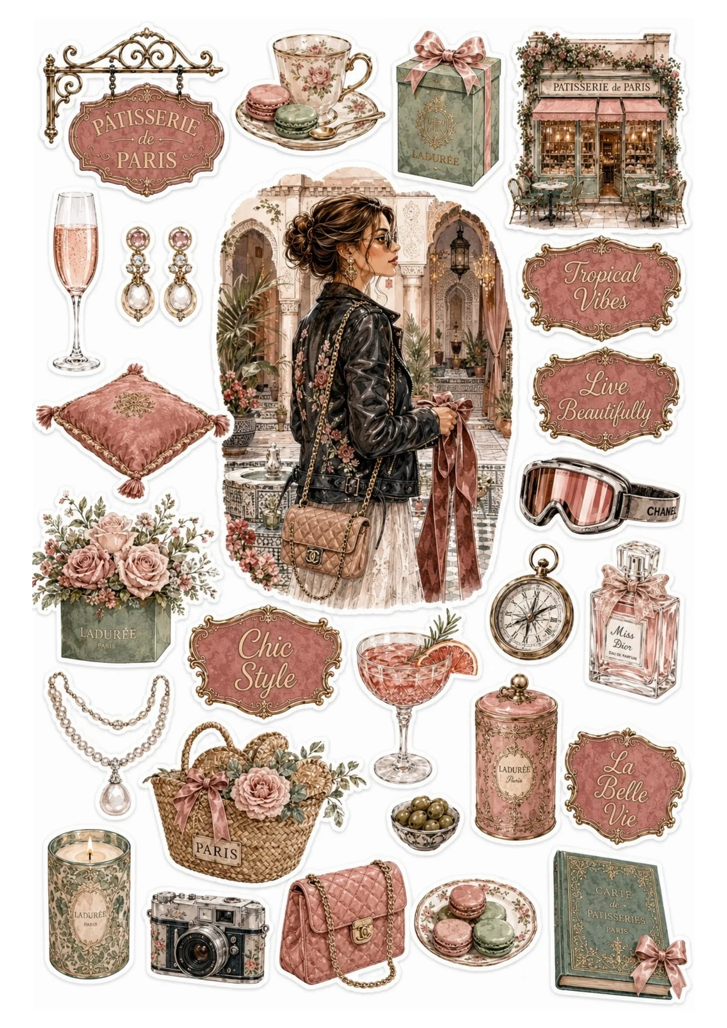 Sticker sheet with a woman in an ornate courtyard surrounded by dusty rose and olive green Parisian patisserie items, Chanel goggles, and perfume.