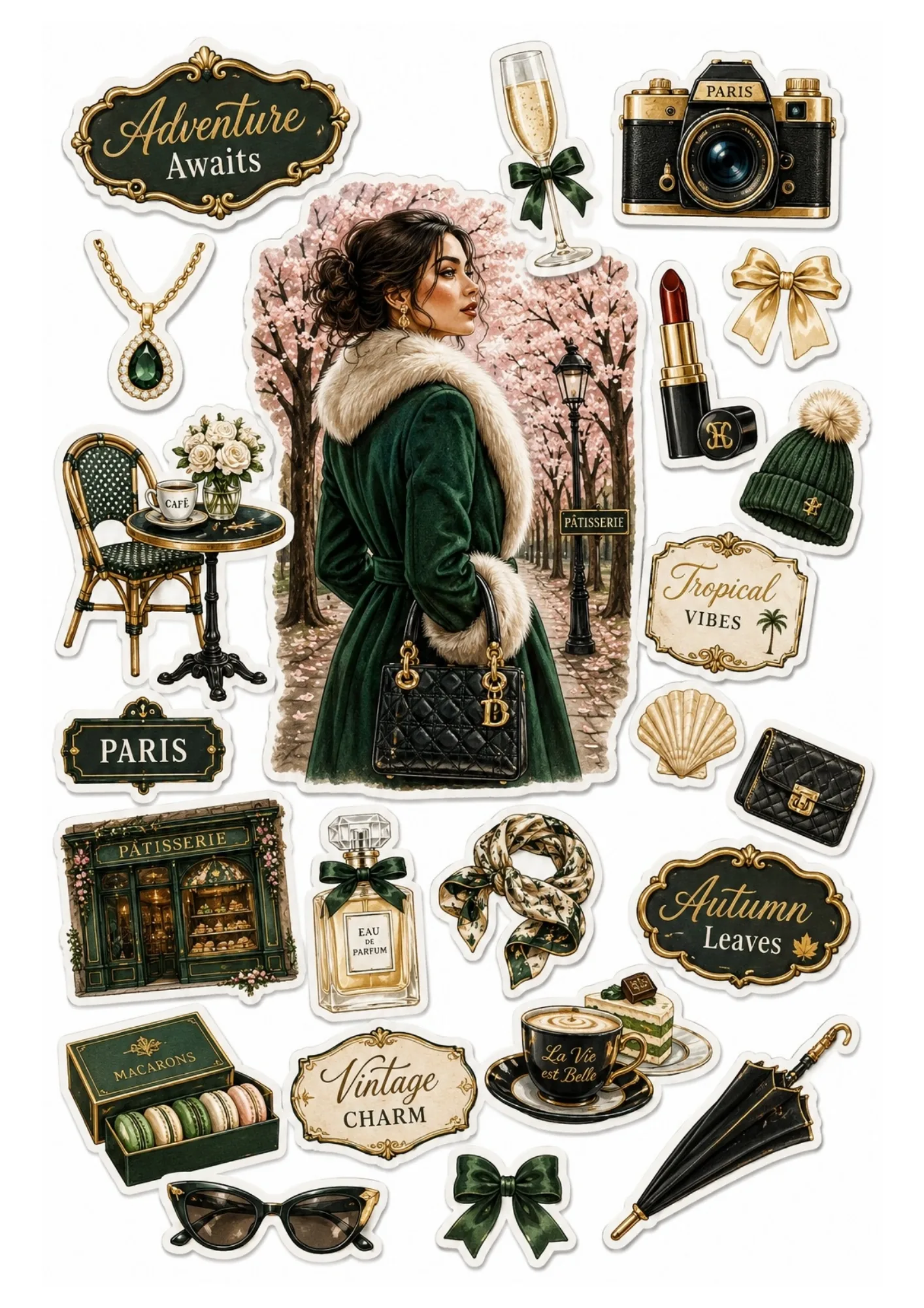 Sticker sheet with an elegant woman in a green coat on a cherry blossom path surrounded by Paris-themed accessories, emerald patisserie, coffee, and badges.