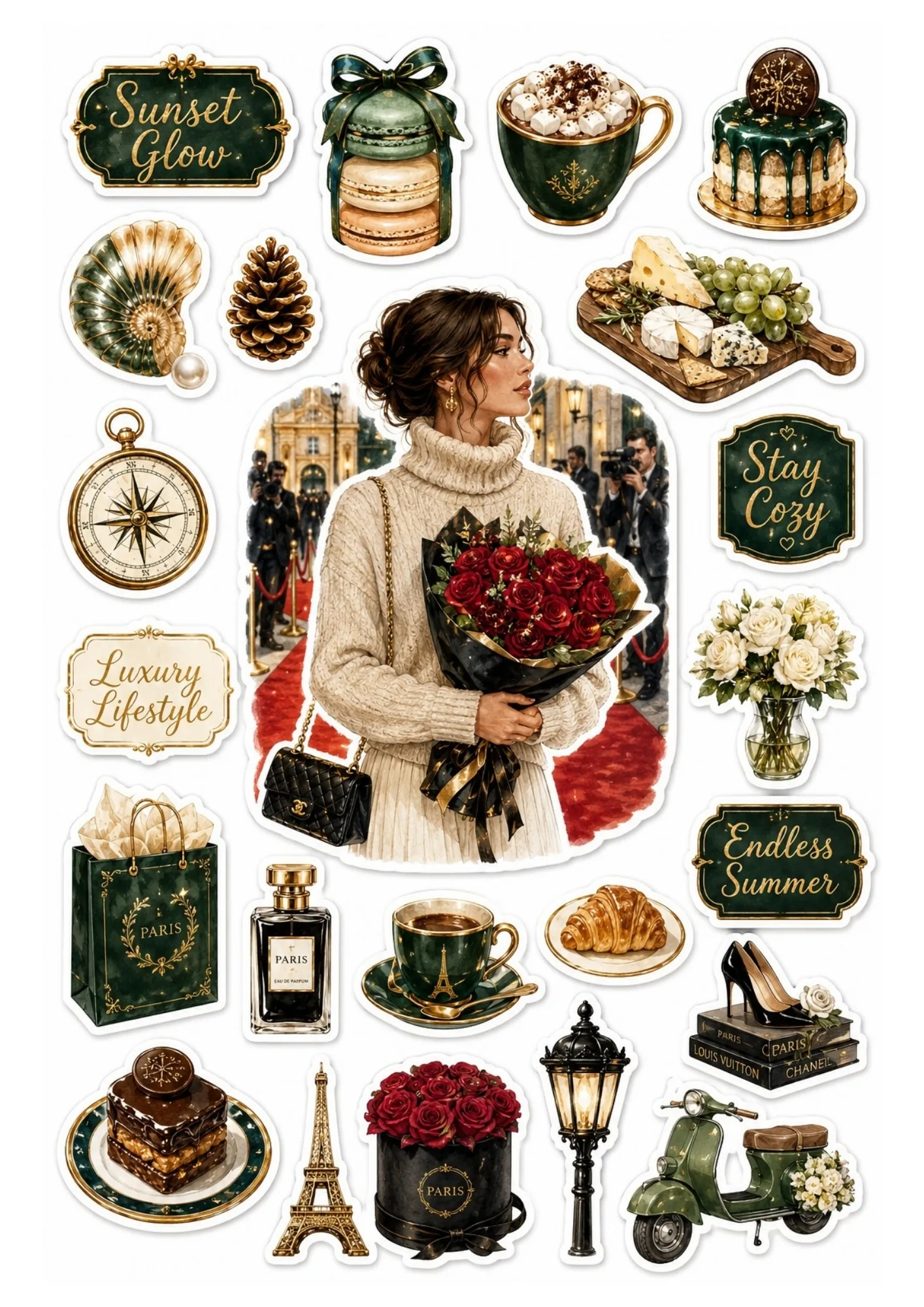 Sticker sheet depicting a woman on a red carpet surrounded by forest green Parisian decor, gourmet cheese platter, and vintage scooter.