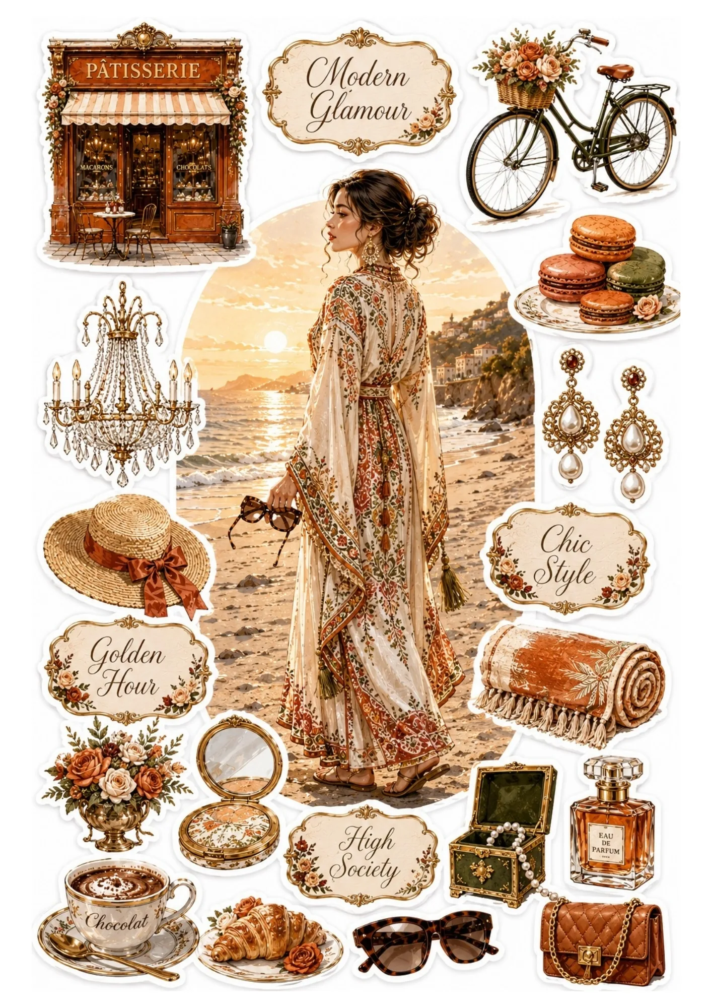 Sticker sheet featuring a woman on a sunset beach flanked by warm bronze Parisian patisserie facades, coffee, pastries, and fashion elements.