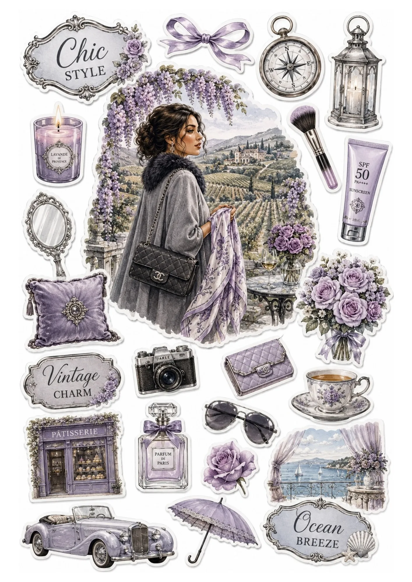 Sticker sheet featuring a woman under wisteria arches surrounded by lavender Parisian patisserie, sunscreen, vintage car, and purple floral decor.