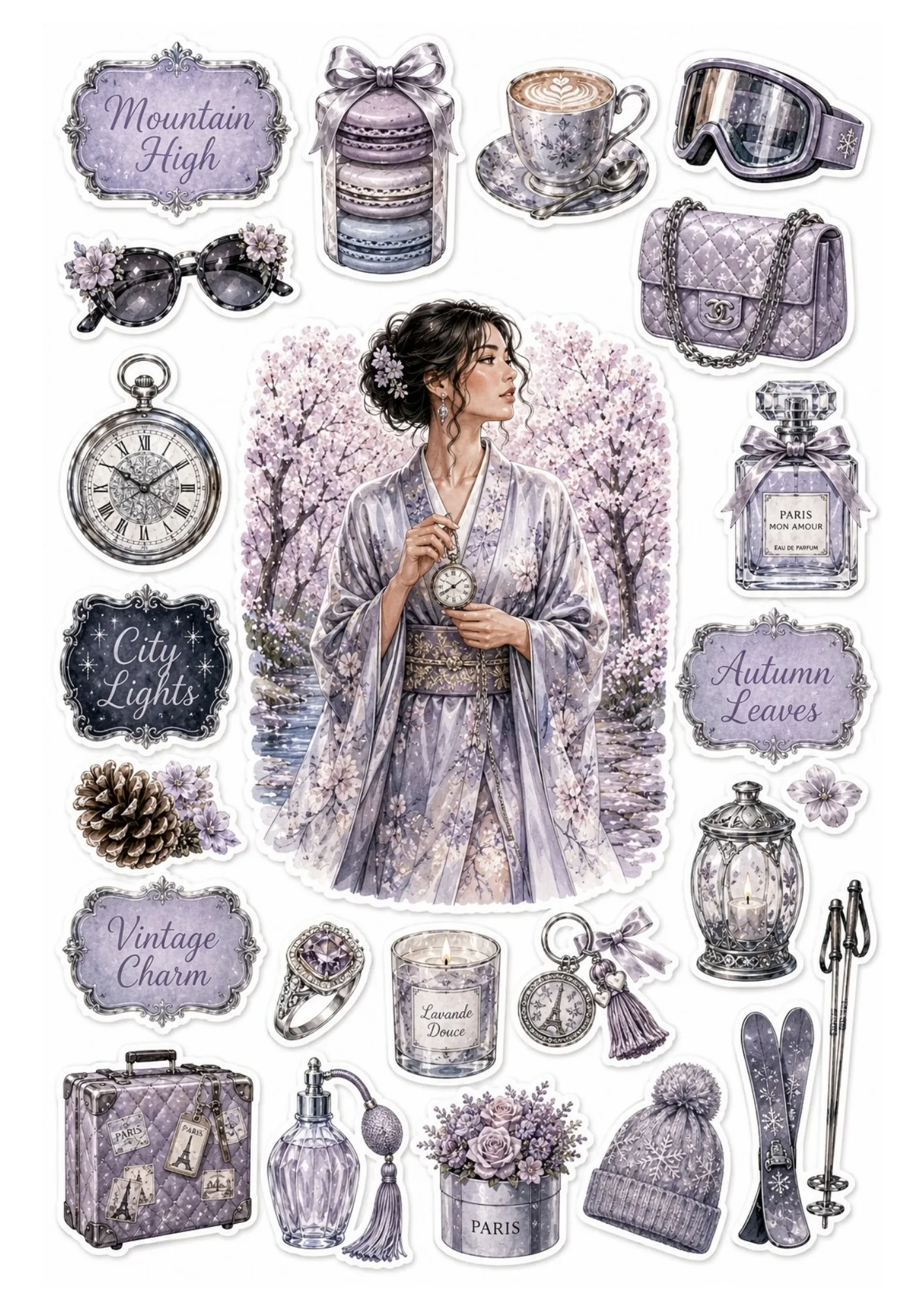 Sticker sheet showing a woman under cherry blossoms flanked by lilac Parisian patisserie elements, skis, purple trunk, and perfume.