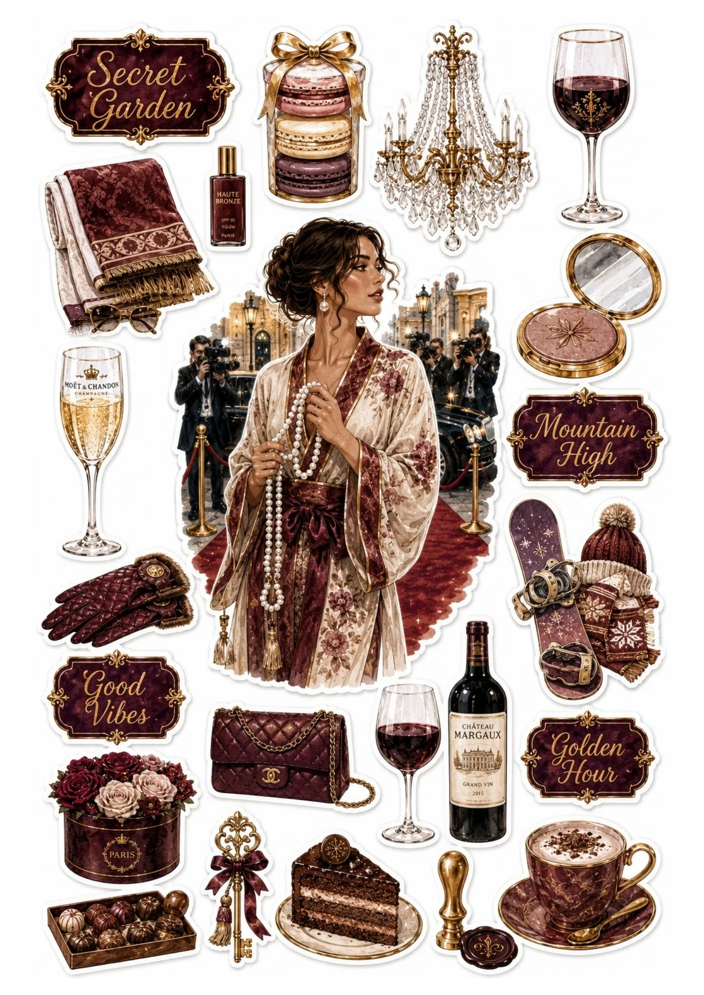Sticker sheet with a woman on a red carpet surrounded by maroon Parisian bakery items, fine wine bottles, chocolates, and gold decor.