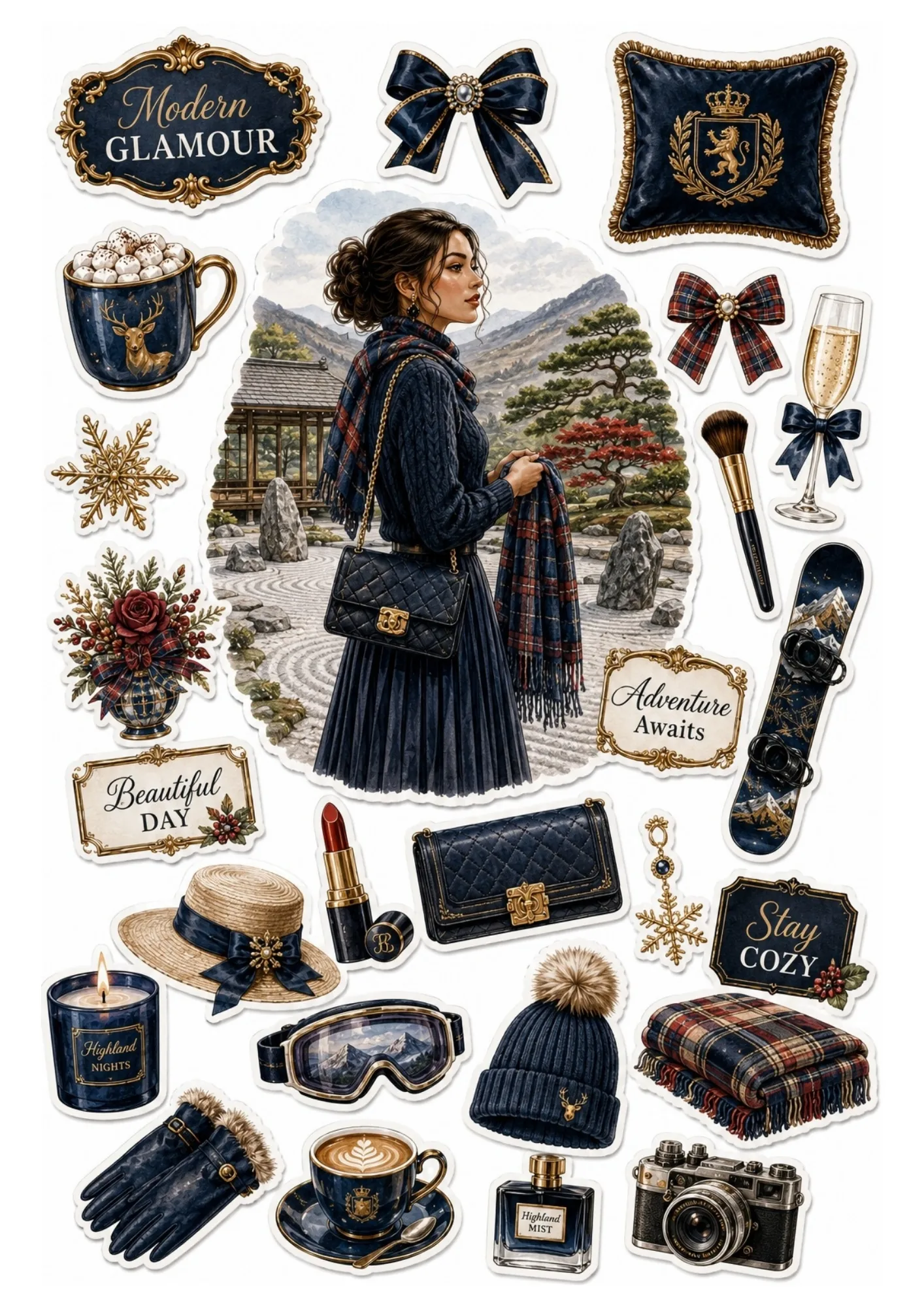 Sticker sheet with a woman in a navy winter outfit surrounded by dark blue winter gear, cocoa, snowboard, and cozy decor.