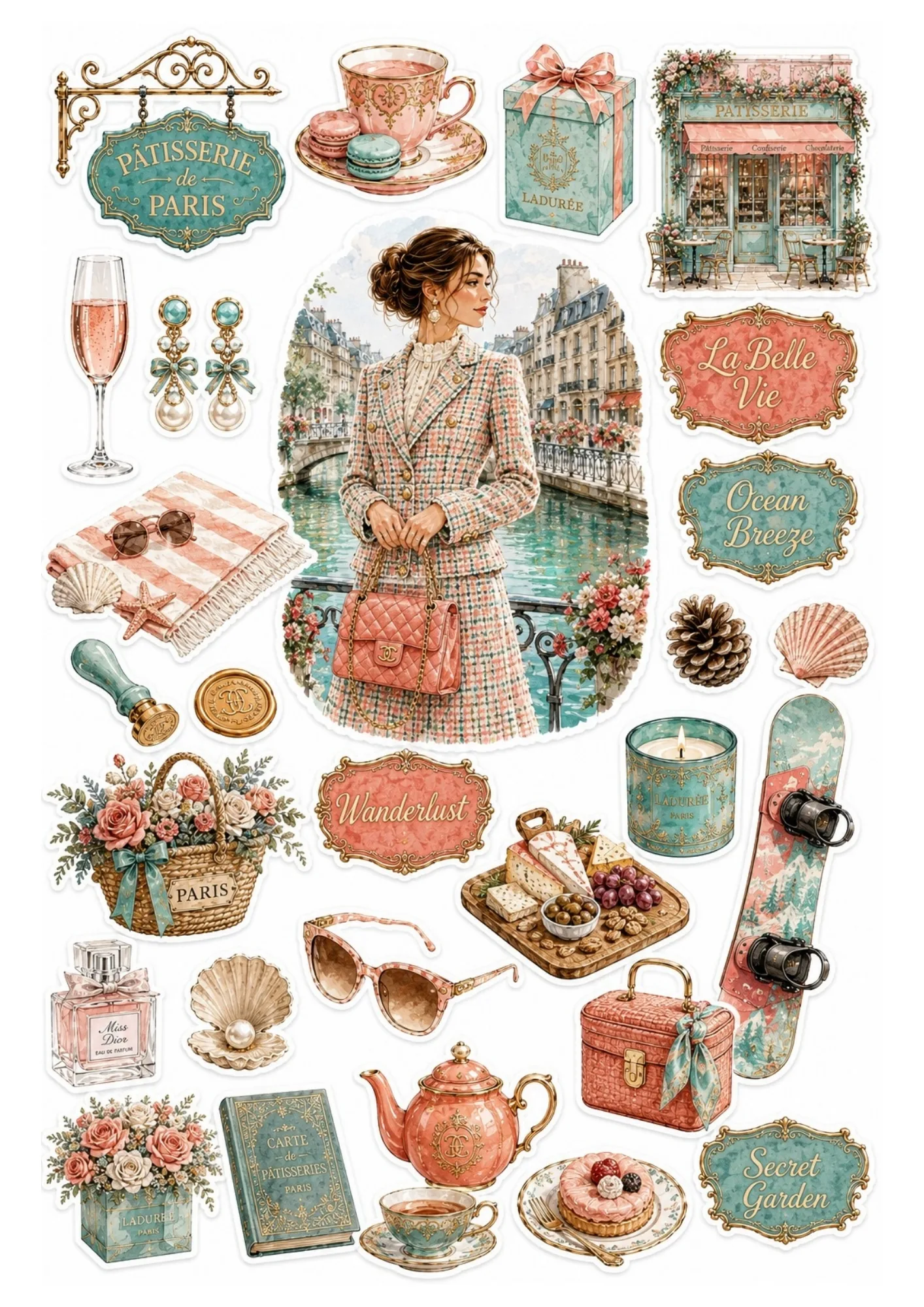 Sticker sheet showing a woman on a canal bridge surrounded by mint green and peach patisserie elements, cheese board, and vanity accessories.