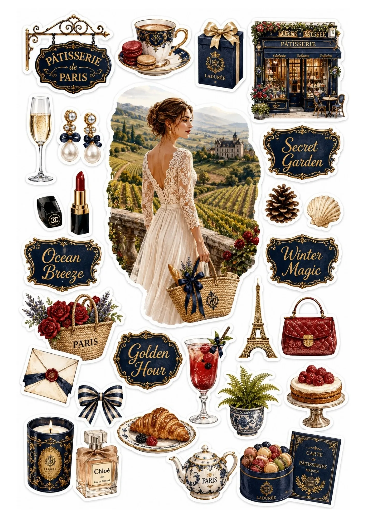 Sticker sheet featuring a woman at a vineyard terrace surrounded by navy blue and burgundy Parisian shop facades, wine, desserts, and accessories.