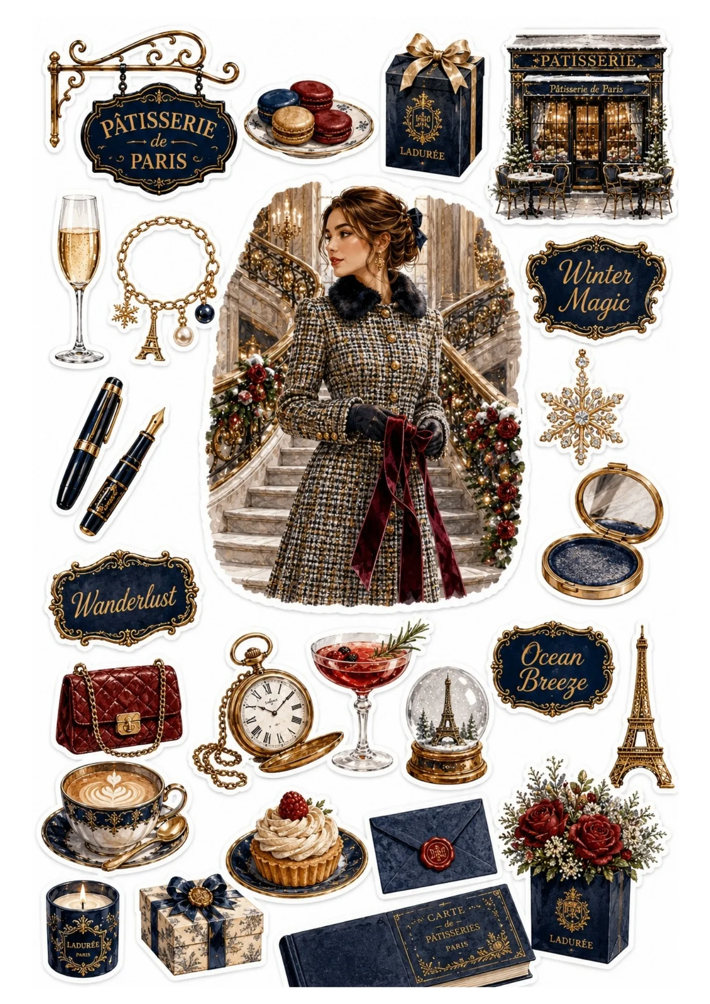 Sticker sheet depicting a woman on a Christmas-decorated staircase surrounded by navy blue holiday bakery facades, snow globe, and gifts.