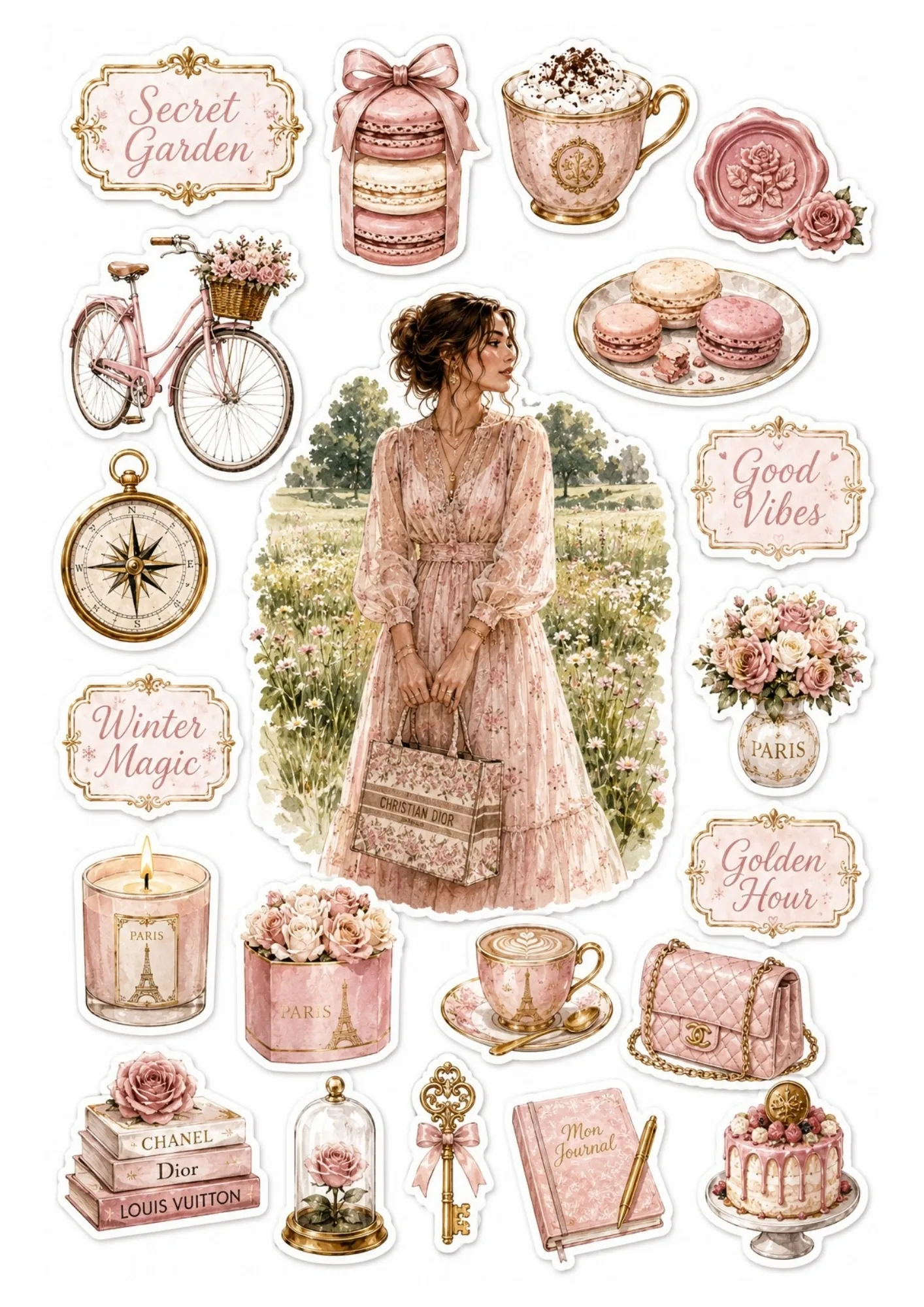 Sticker sheet depicting a woman with a Dior tote bag in a flower field surrounded by pastel pink Parisian cafe items, cake, and books.