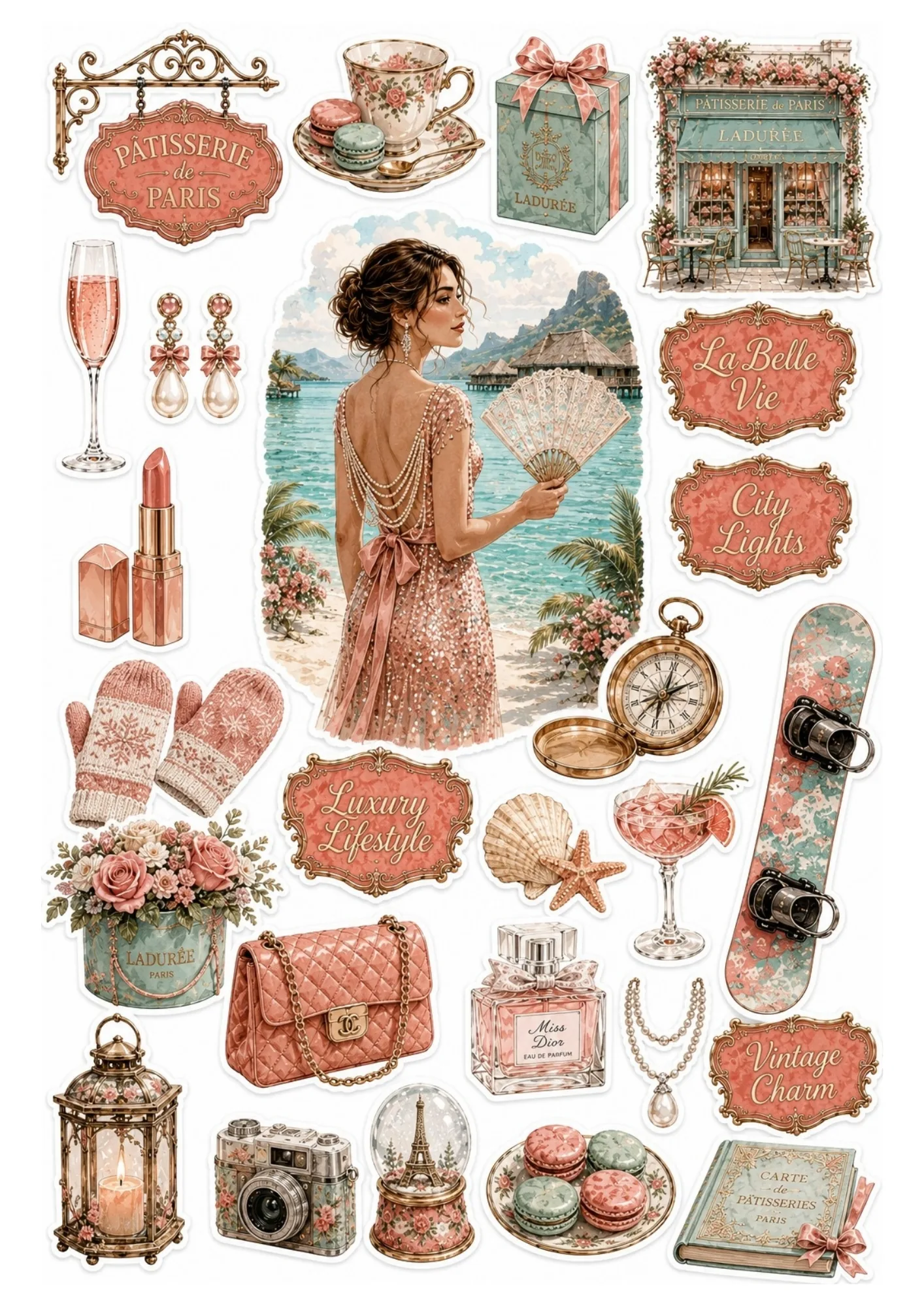 Sticker sheet showing a woman at a tropical resort surrounded by peach and teal Parisian patisserie elements, snow globe, and accessories.