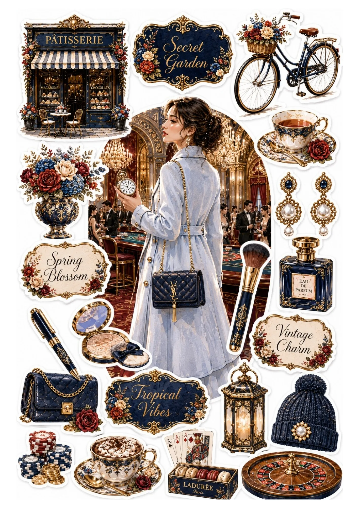 Sticker sheet featuring a woman in a blue coat in a casino setting surrounded by royal blue Parisian patisserie elements, roulette, cards, and accessories.