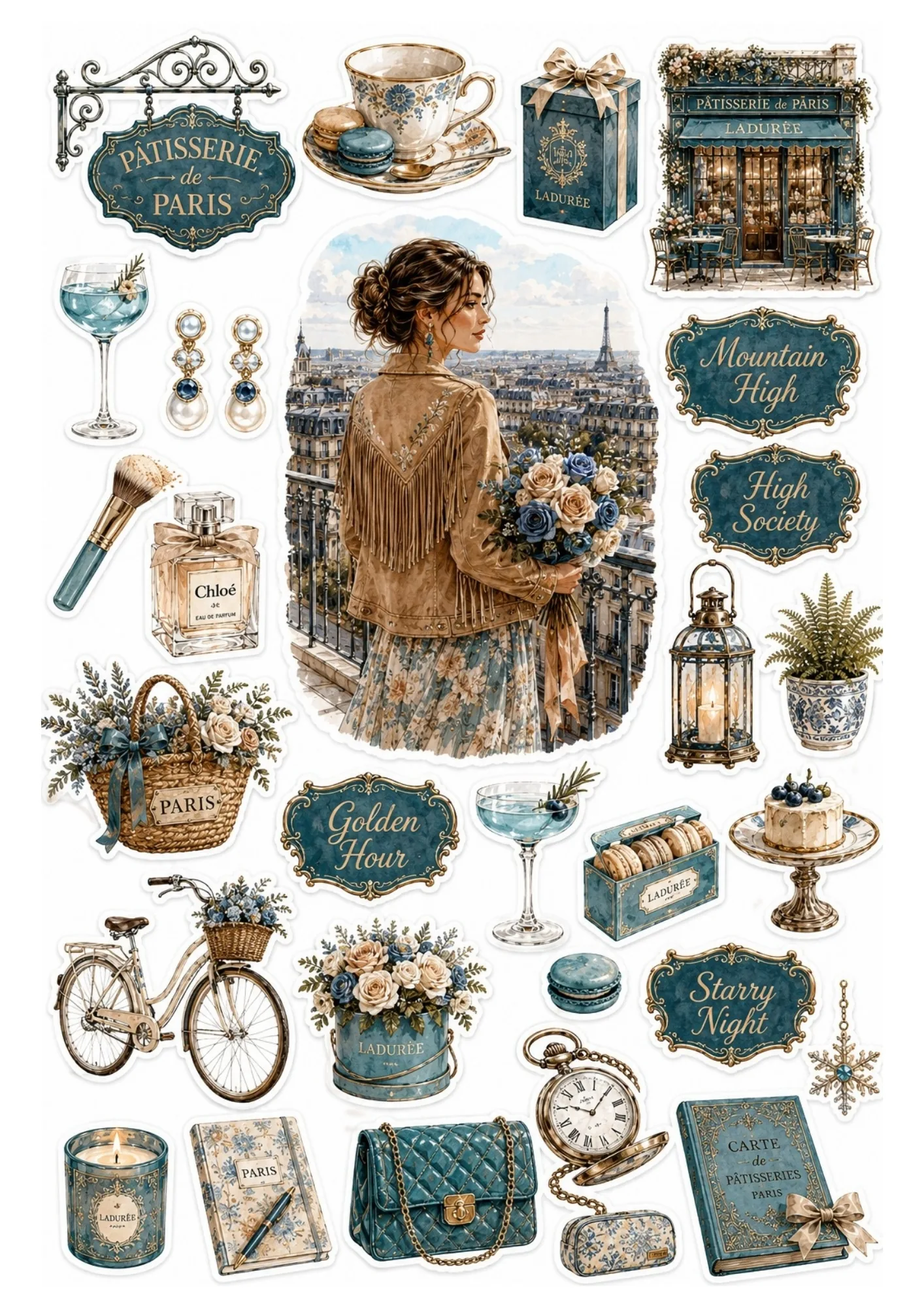Sticker sheet with a woman on a Paris balcony overlooking the Eiffel Tower surrounded by slate blue patisserie elements, drinks, and accessories.