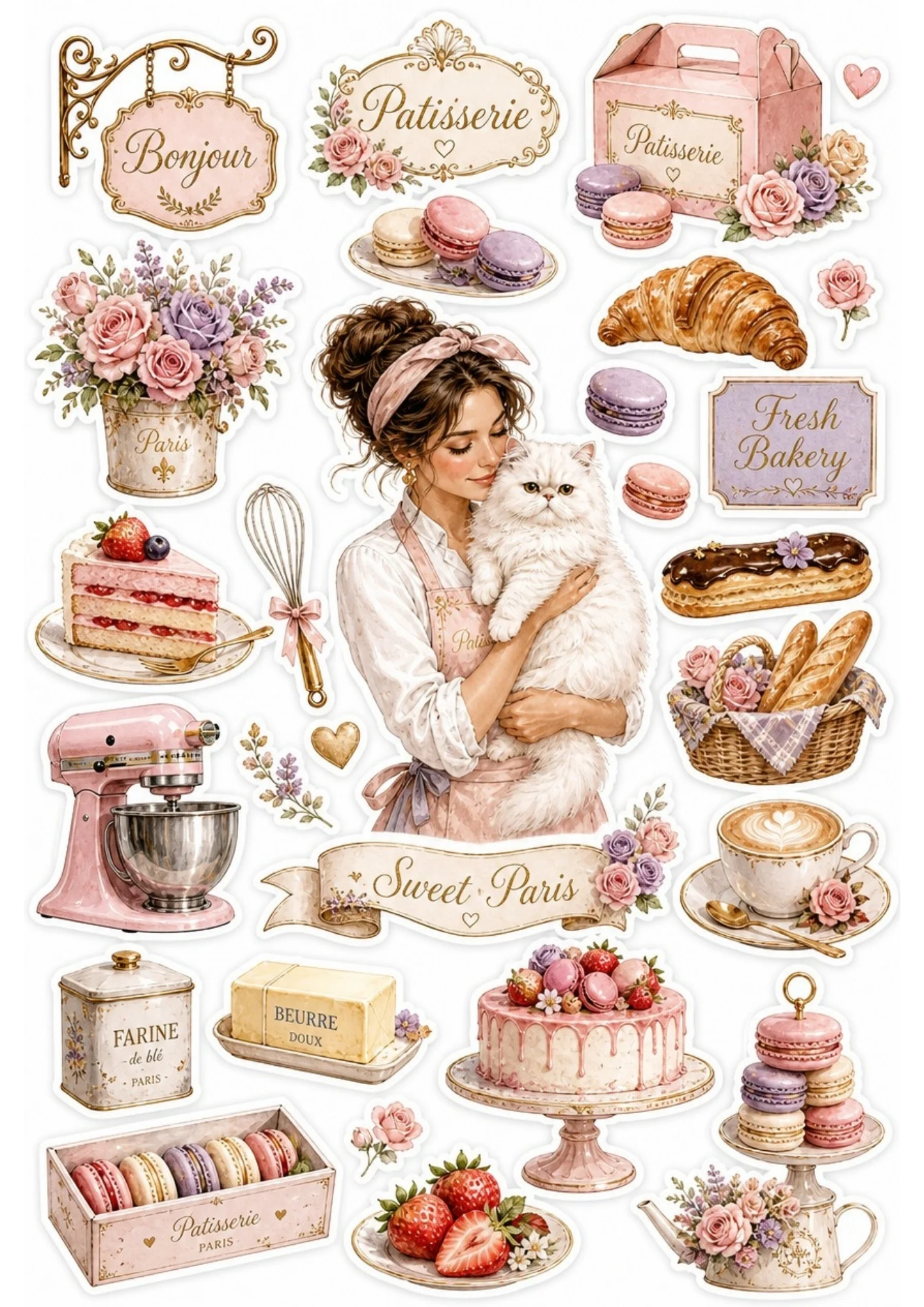A girl in a Parisian style bakery surrounded by macarons and eclairs with a white cat. Surrounding stickers include stand mixers, French pastries, and text saying 'Bonjour' and 'Sweet Paris'.